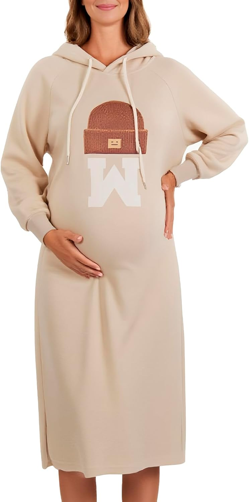 Maternity Hoodie Dress with Pockets &ndash; Casual Loose Fit Mid-Length Sweatshirt Dress for Pregnancy Spring Fall image number 1