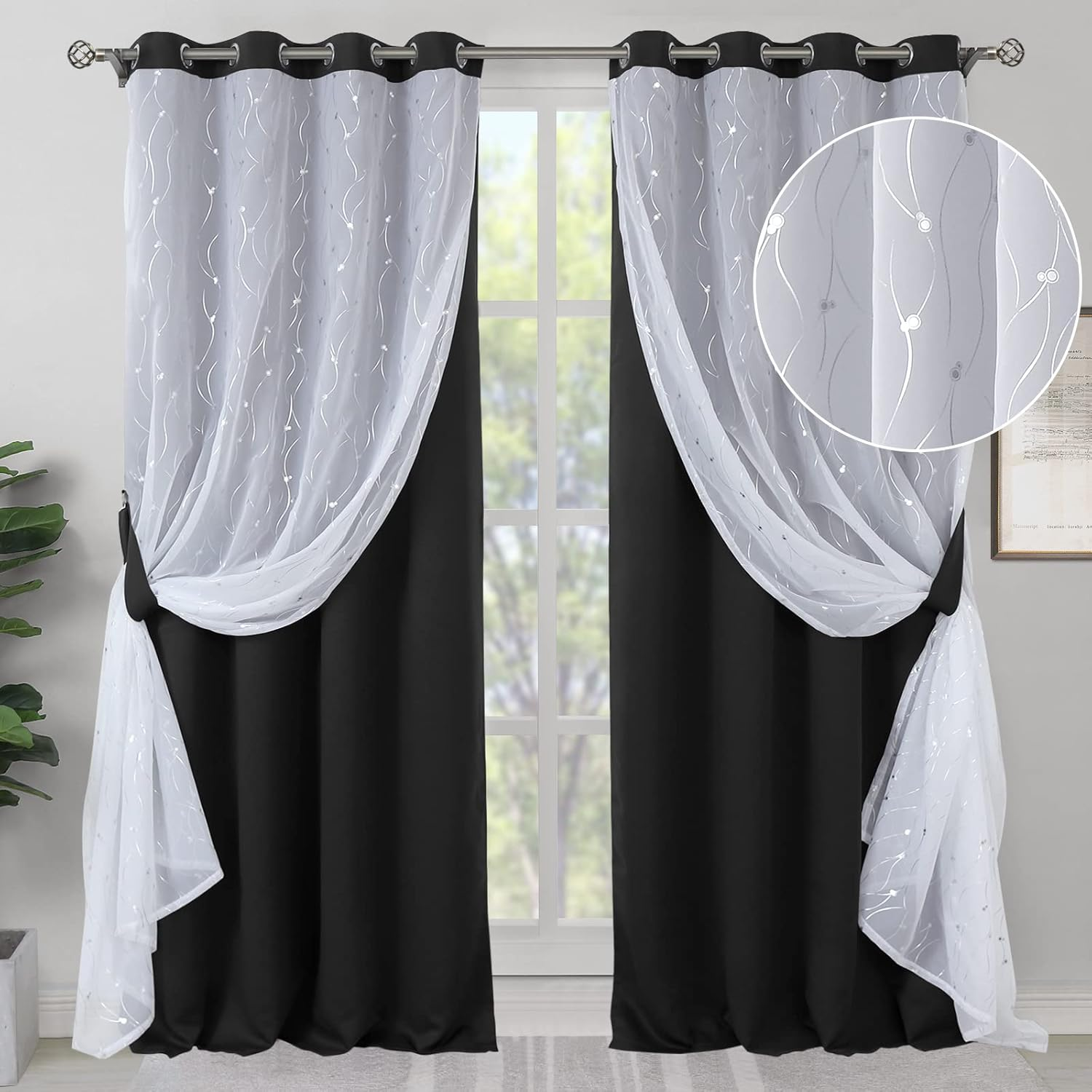 Bgment White Blackout Curtains with Sheer Overlay, Double Layer Nursery Drapes Grommet Silver Printed Thermal Insulated Panels for Bedroom/Living/Kide Room, 2 Panels Each 52 X 84 Inch, Greyish White