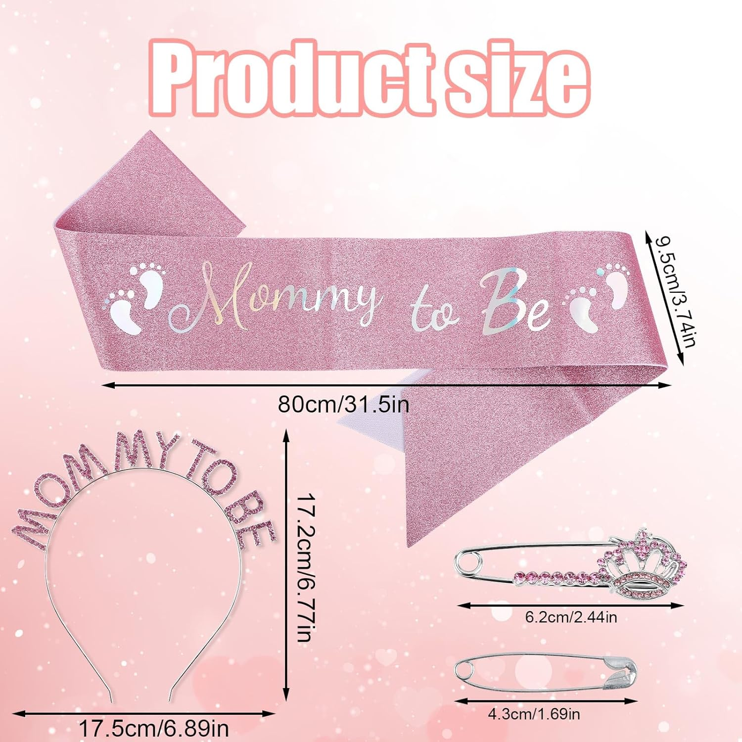 Mother to Be Party Decorations, Mother to Be Sash Hairband Pin Kit Pink Gentle Baby Shower Sash for Mommy Glittering Sash Rhinestone Mother to Be Hairband Pin for Baby Shower image number 4