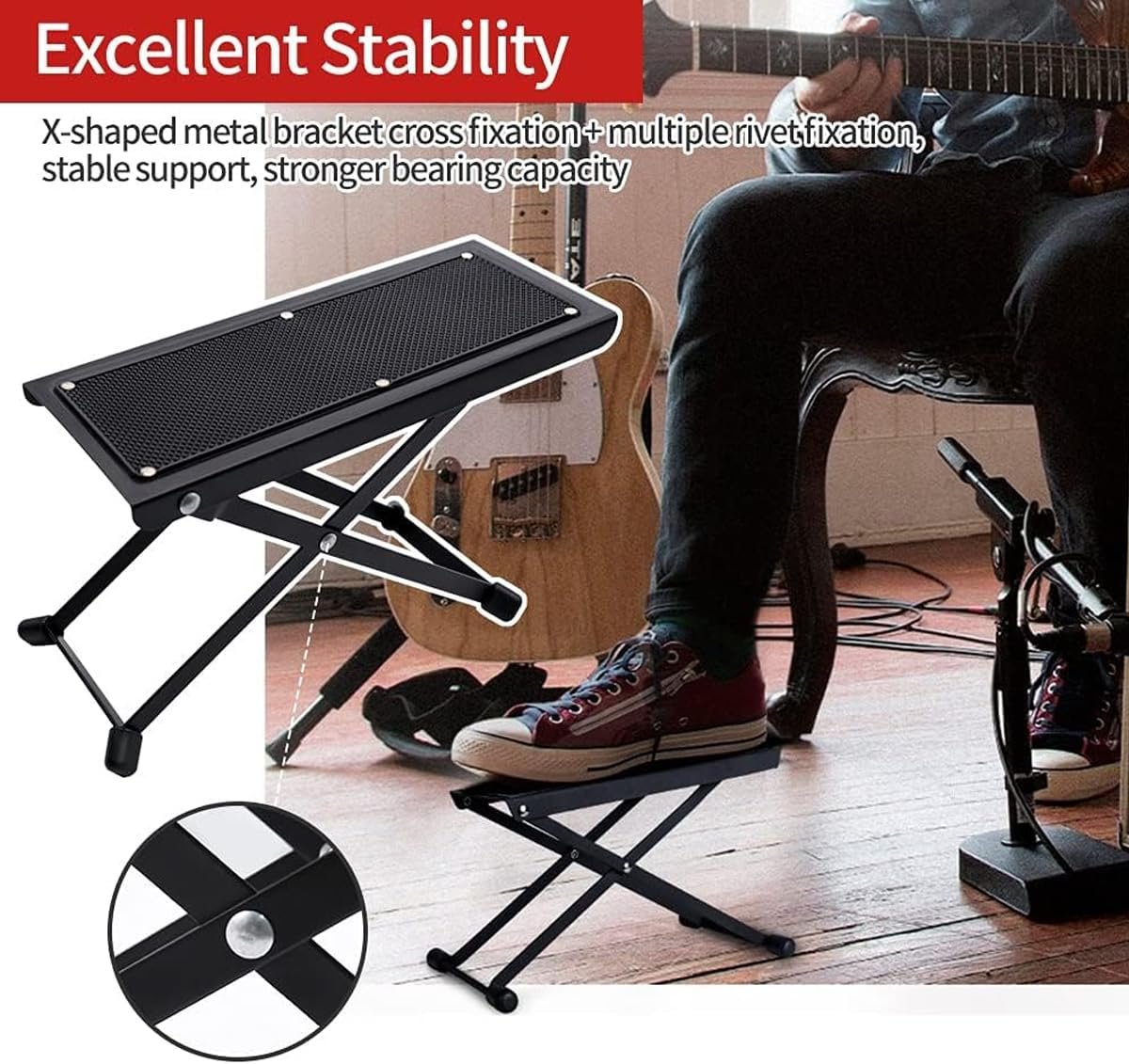 AIMALL Adjustable Guitar Footstool 6 Heights Foldable Anti-Slip Foot Pedal for Classical Folk Guitar Metal Frame Portable Guitarist Stand 11.8X5.1In Black image number 2