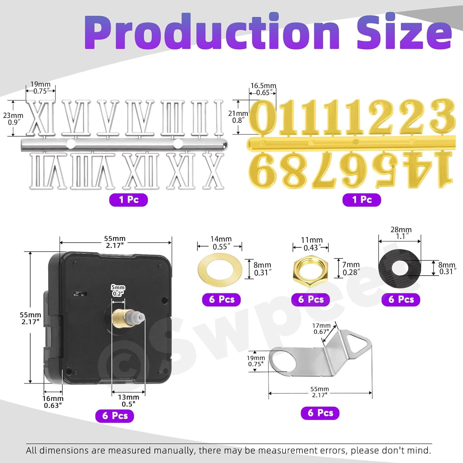Swpeet 6 Pcs 13Mm / 0.51 Inches Long Shaft Clock Movement Mechanism Kit, 6 Clock Movement with 6 Hooks, 6 Different Pairs of Hands Clock, 6 Sets Mounting Hardware, 2 Set Clock Numerals for DIY Clock image number 2