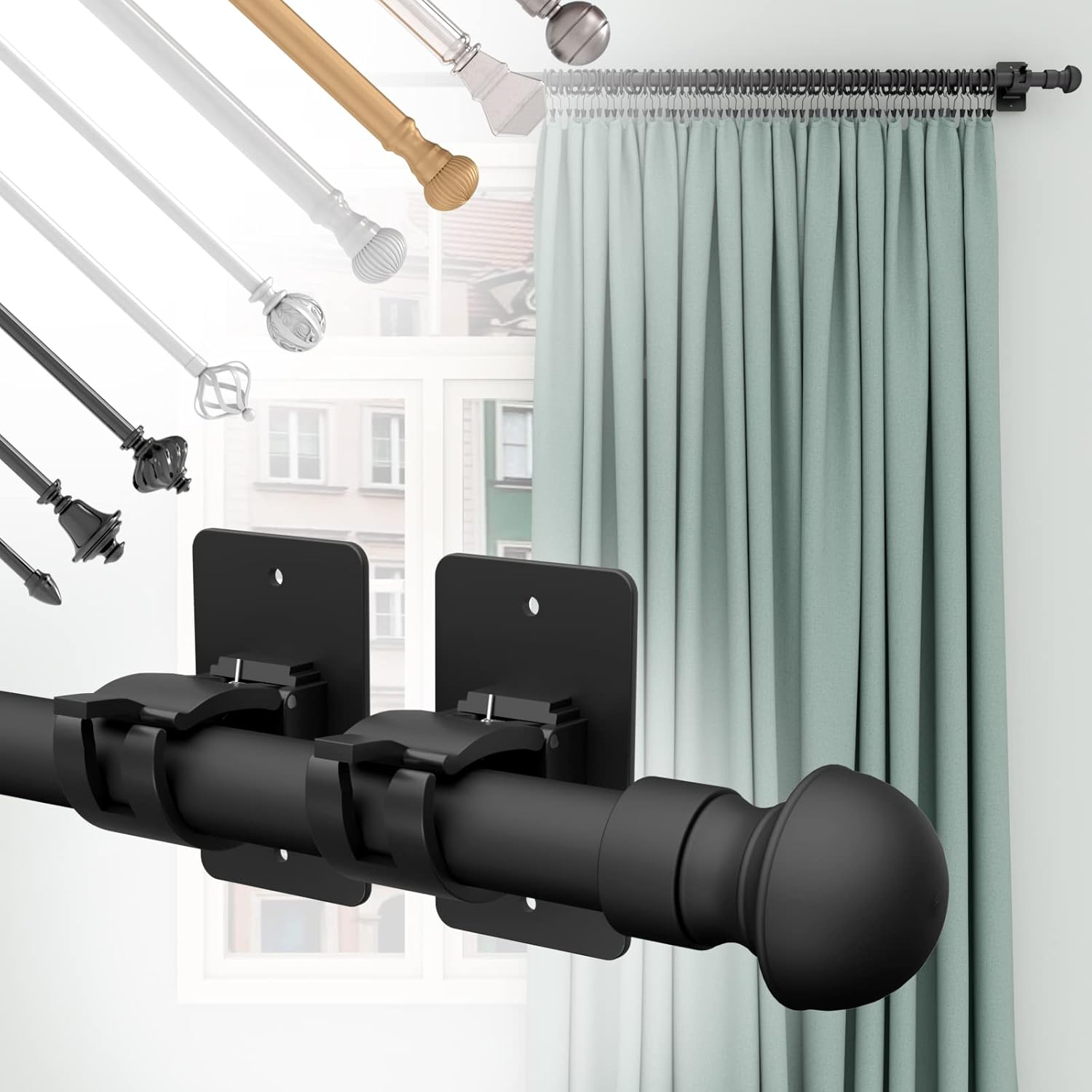 AMZONHOME 8 Pieces Self Adhesive Curtain Rod Bracket, Universal Plastic Curtain Rod Holders, No Drill Curtain Rod Brackets Curtain Rod Hooks for Bathroom, Bedroom, Livingroom, Kitchen (Black) image number 4