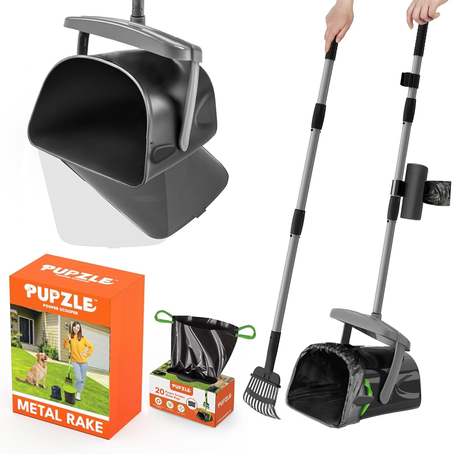 Pupzle Dog Pooper Scooper with Bag Attachment, 39" Adjustable Long Handle Heavy Duty Metal Poop Scoop for Yard, Non-Breakable Swivel Bin and Rake, 25 Waste Bags for Large Dog, Poop Scooper for Dogs