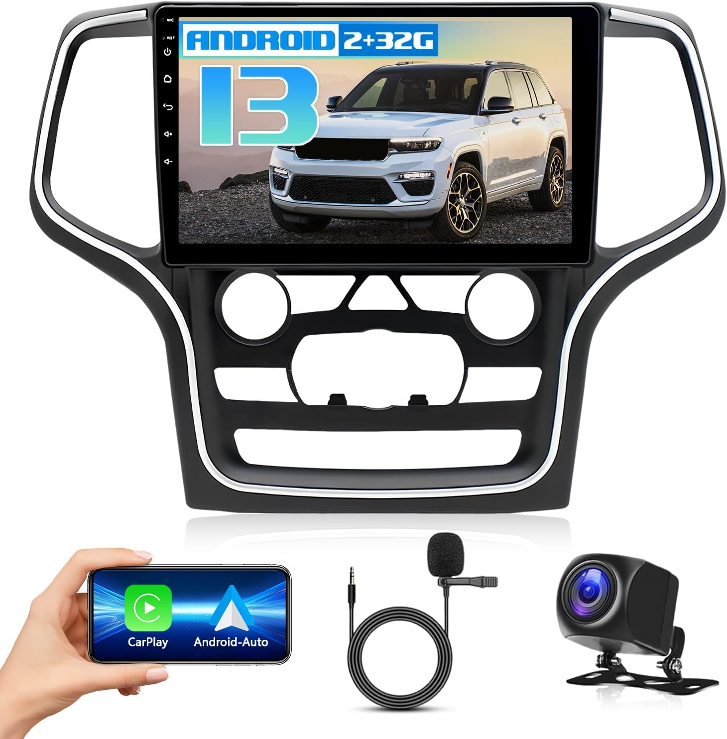 For 2014-2022 Grand Cherokee Radio, Android 13 Car Stereo with Wireless Carplay and Android Auto 10 Inch IPS Touchscreen Stereo Dash Kit | GPS | Wifi | AHD Backup Cam | 2+32G