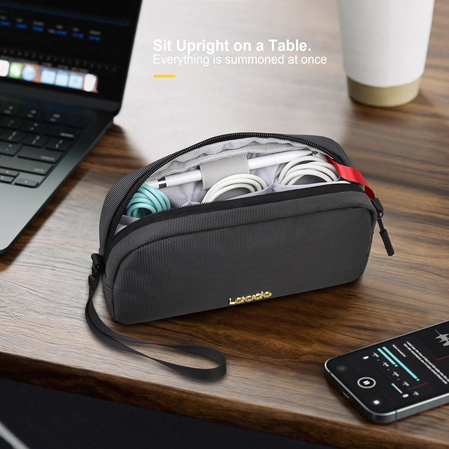 Lacdo Electronics Organizer Travel Case, Travel Bag Cable Organizer for Essentials, Water Resistant Tech Accessories Carry Storage for Cord, Phone, Cables, Airpods, USB Flash Drive, Daily Items, Black image number 2