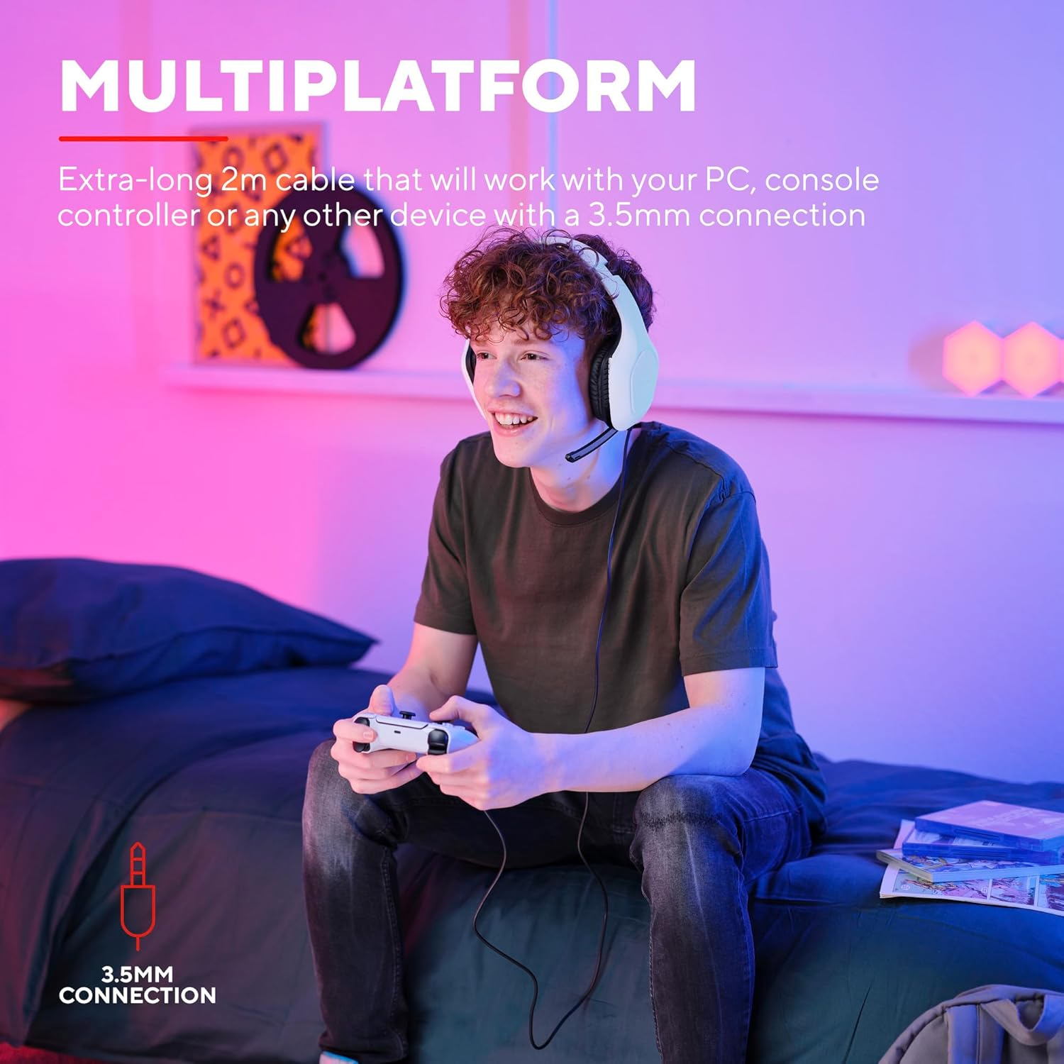 Trust Gaming GXT 418W Rayne Lightweight Gaming Headset for PC Xbox PS4 PS5 Switch Mobile, 50Mm Driver, 2M Cable, 3.5Mm Audio Port, Over-Ear Headphones with Cable, White image number 4