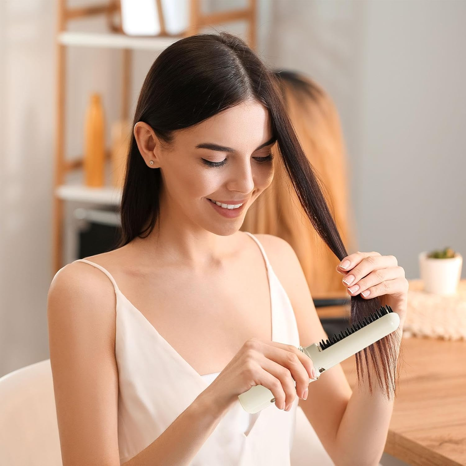 Cordless Hair Straightener Brush, Heated Brush Hair Straightener Cordless, Rechargeable Hair Straightener, Rechargeable Heated Straightening Brush with Negative Ions for Travel and Styling image number 2