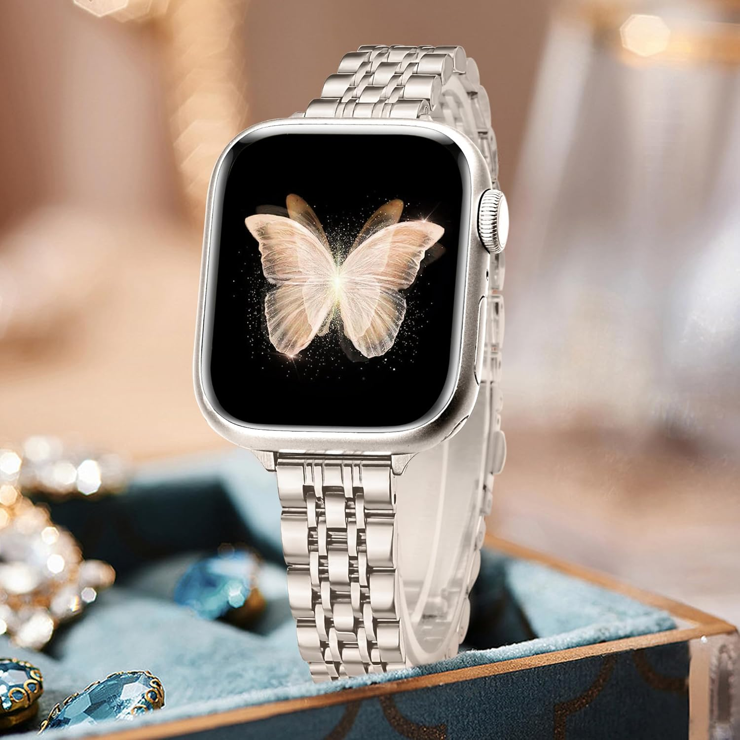 Ocaer Compatible with Apple Watch Strap 42Mm 41Mm 40Mm 38Mm, Slim Stainless Steel Metal Band for Apple Watch Series 10 9 8 7 6 5 4 3 2 1 SE, Elegant Apple Watch Bracelet for Women (Starlight)