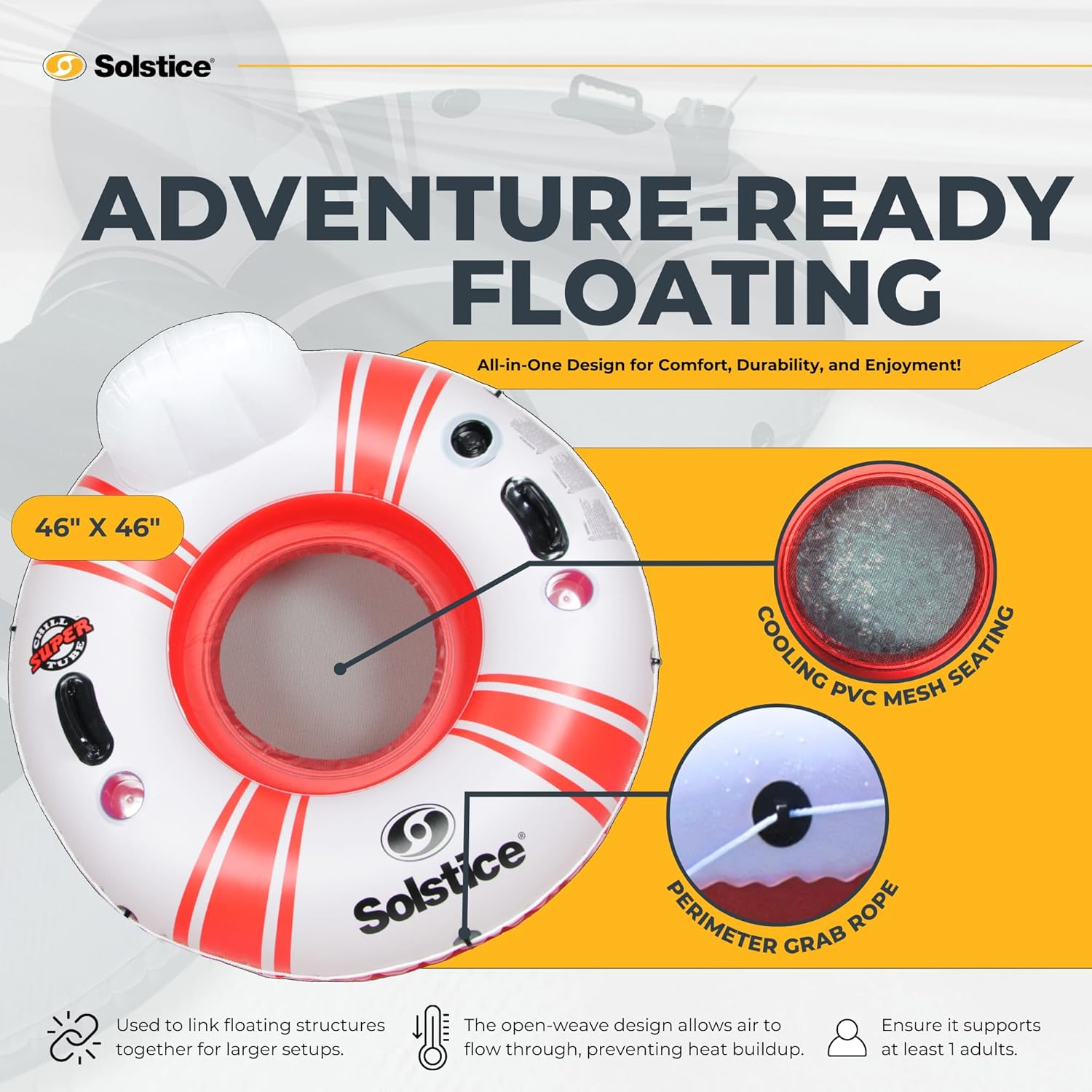 Solstice Super Chill Inflatable River Raft Float Tube 1 Person with Molded Cupholders, Mesh Bottom, Backrest, Grab Handles Tie on Rope | for Rivers Lake Ocean Pool Floating Snow Heavy Duty Material image number 6