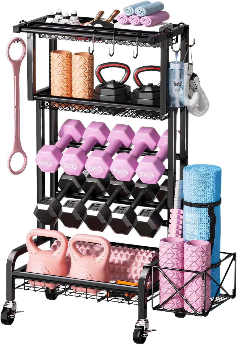 KAIGITE Dumbbell Rack, Home Gym Storage, Weight Rack for Dumbbells, Yoga Mat Rack with Wheel Hooks, Workout Equipment Storage for Dumbbells Kettlebells Foam Rollers