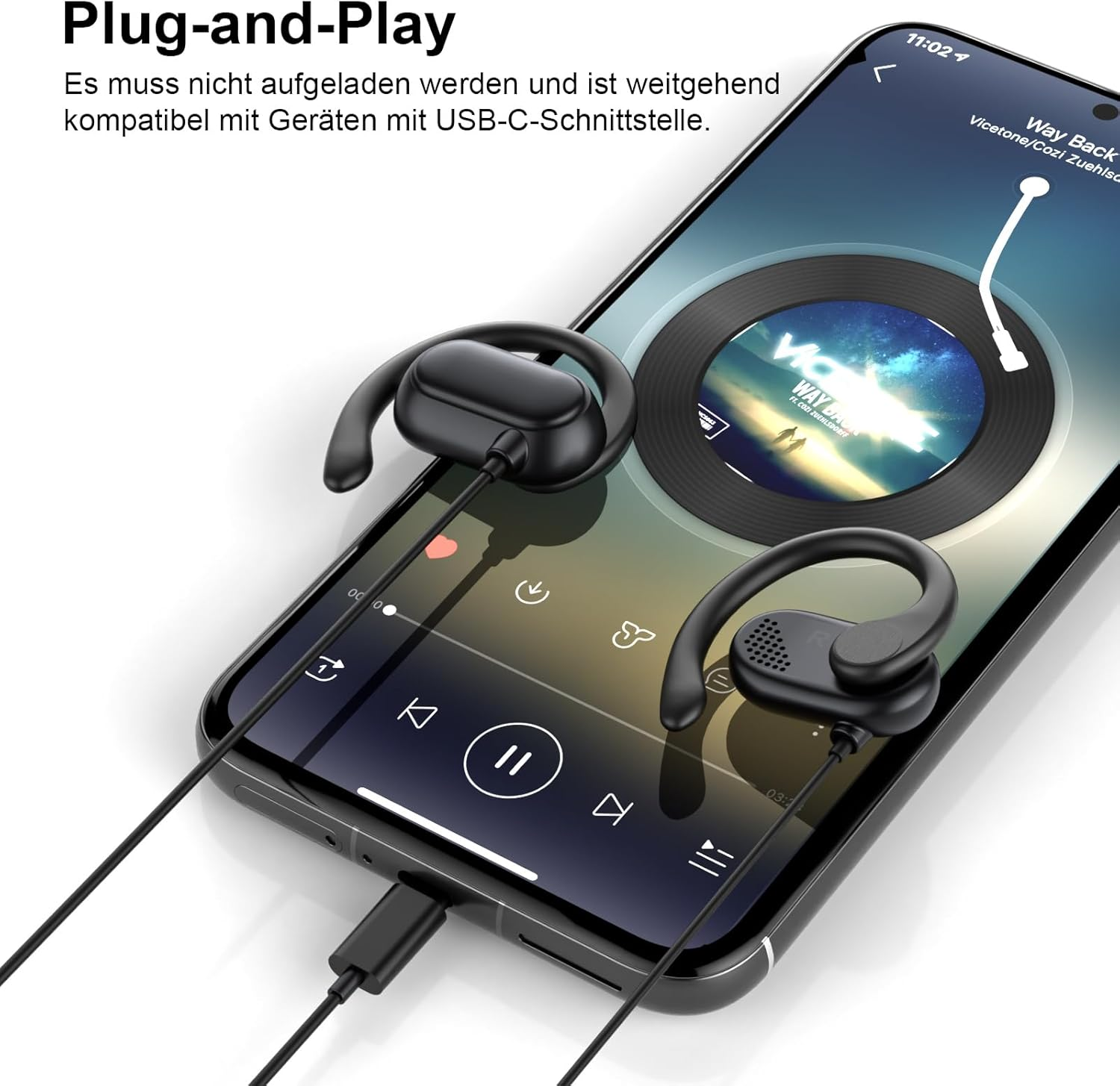 Open-Ear Headphones USB C Sport Adjustable Ear Hook Microphone & Volume Control Type C Headphones with Cable for Samsung Galaxy S25 S24 for Iphone 17 Air 16 15 Pixel 10 9 8 Headphones for Oneplus 13 image number 4