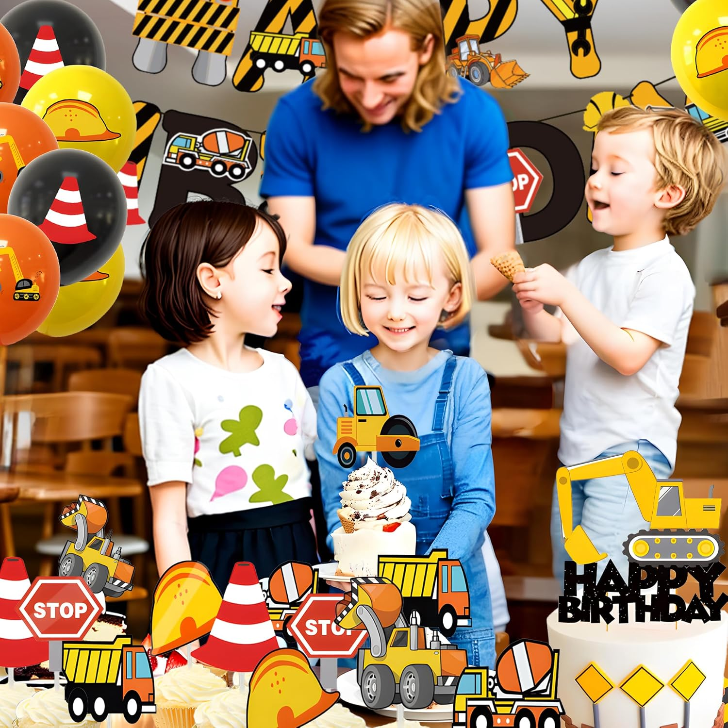 Birthday Party Decorations for Kids Construction Birthday Party Supplies Truck Car Themed Happy Birthday Banner Balloon Cake Topper for Toddler Boy Birthday Decorations Excavator Birthday Decoration image number 6