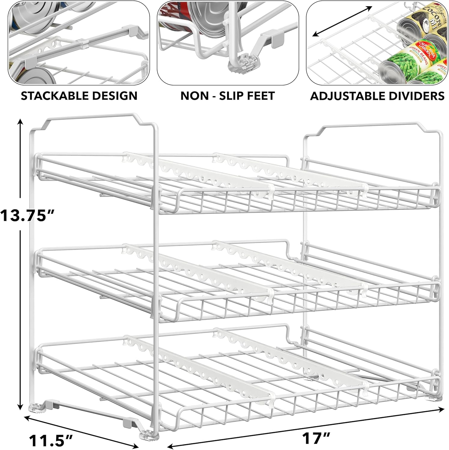 Simple Houseware Stackable 3 Tier Can Rack Organiser for Kitchen and Pantry Organization, White image number 2