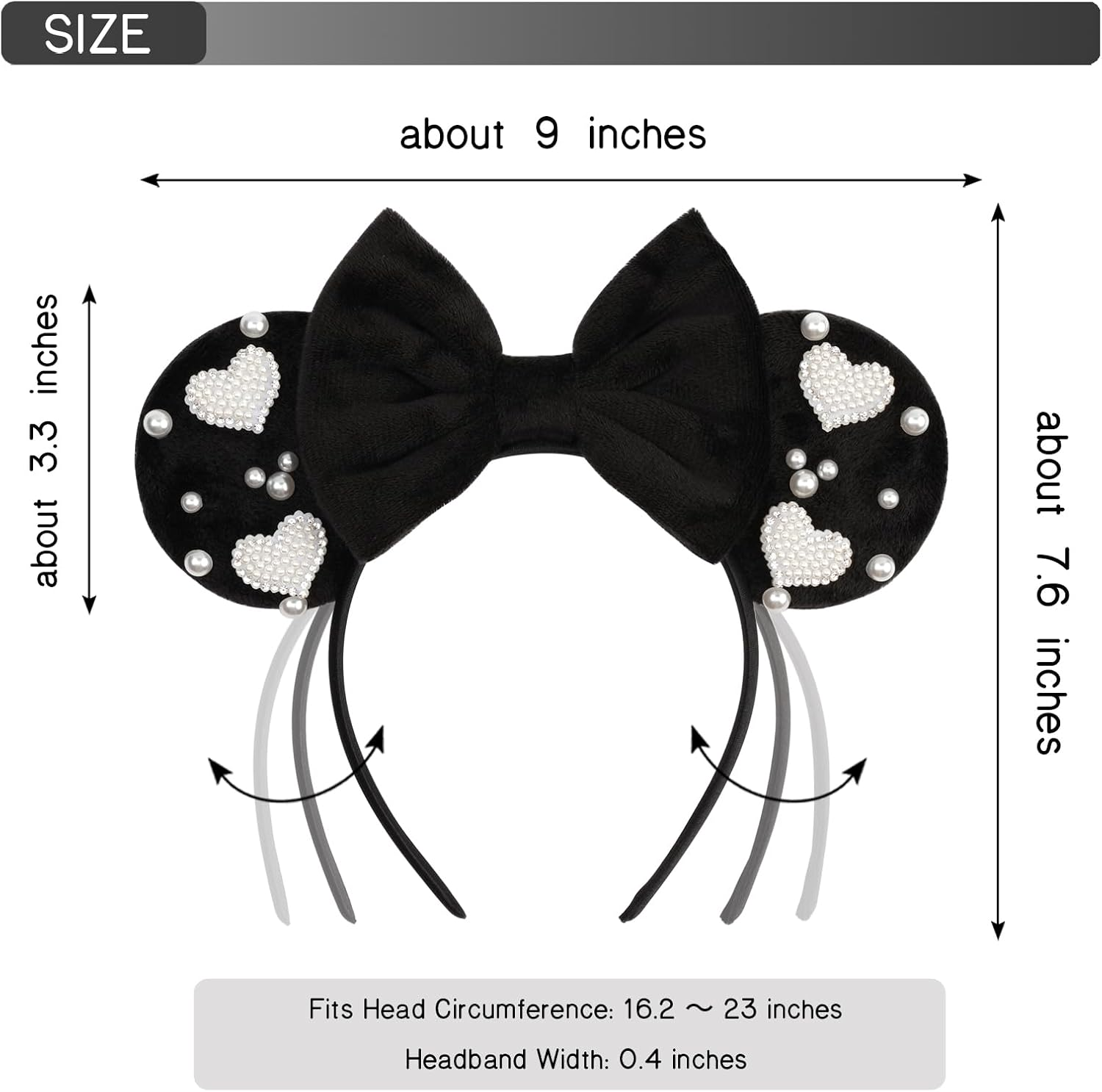 Bianbaistar Black Velvet Bow Mouse Ears Headband with Pearl Heart Accents - Elegant Hair Accessory for Parties, Dates & Special Occasions image number 5