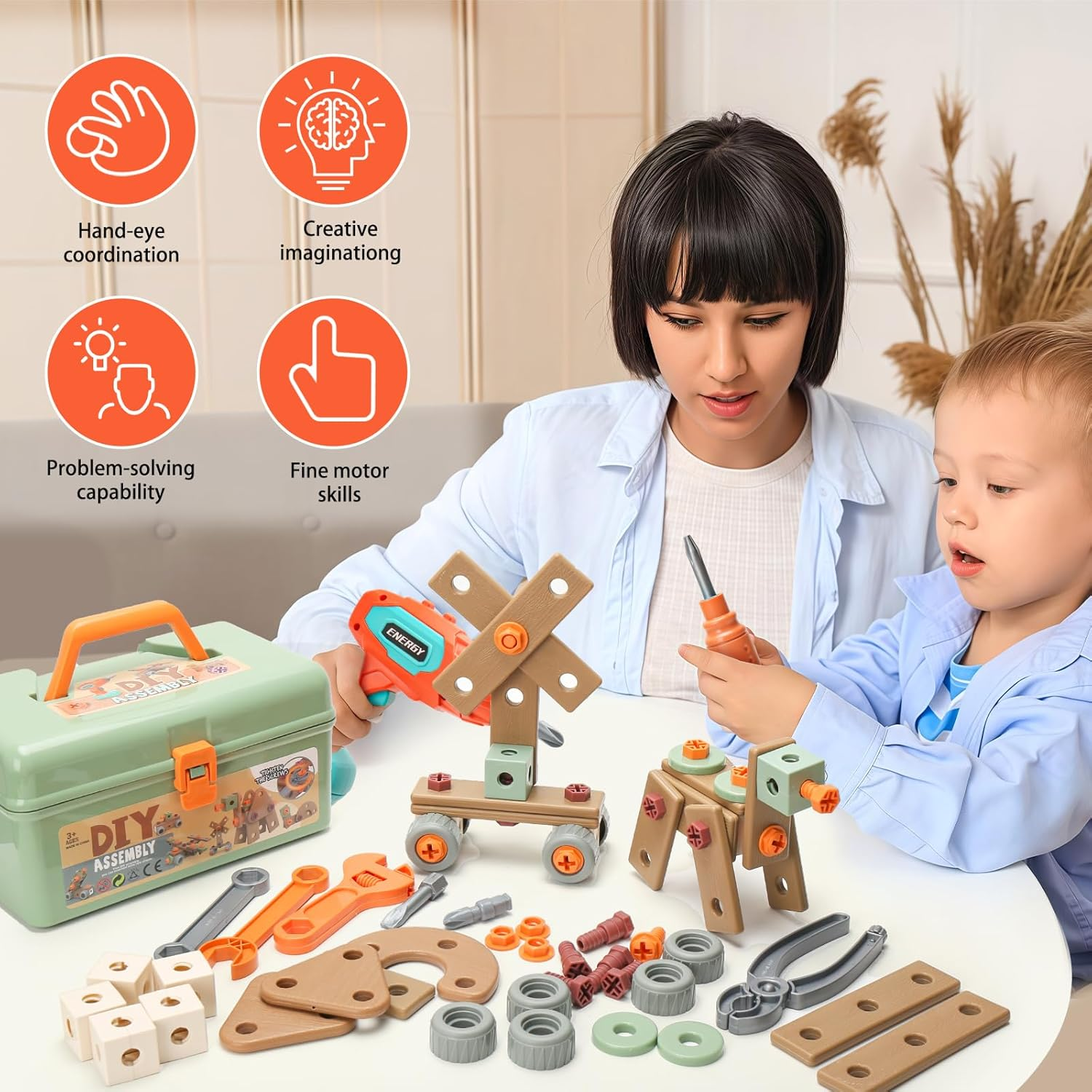 MR.TIMELAG Kids Tool Set - 144PCS Pretend Play Construction Toy with Tool Belt, Electric Drill & Building Blocks - STEM Learning Toys for Boys Girls Ages 3-8 Years Old image number 2