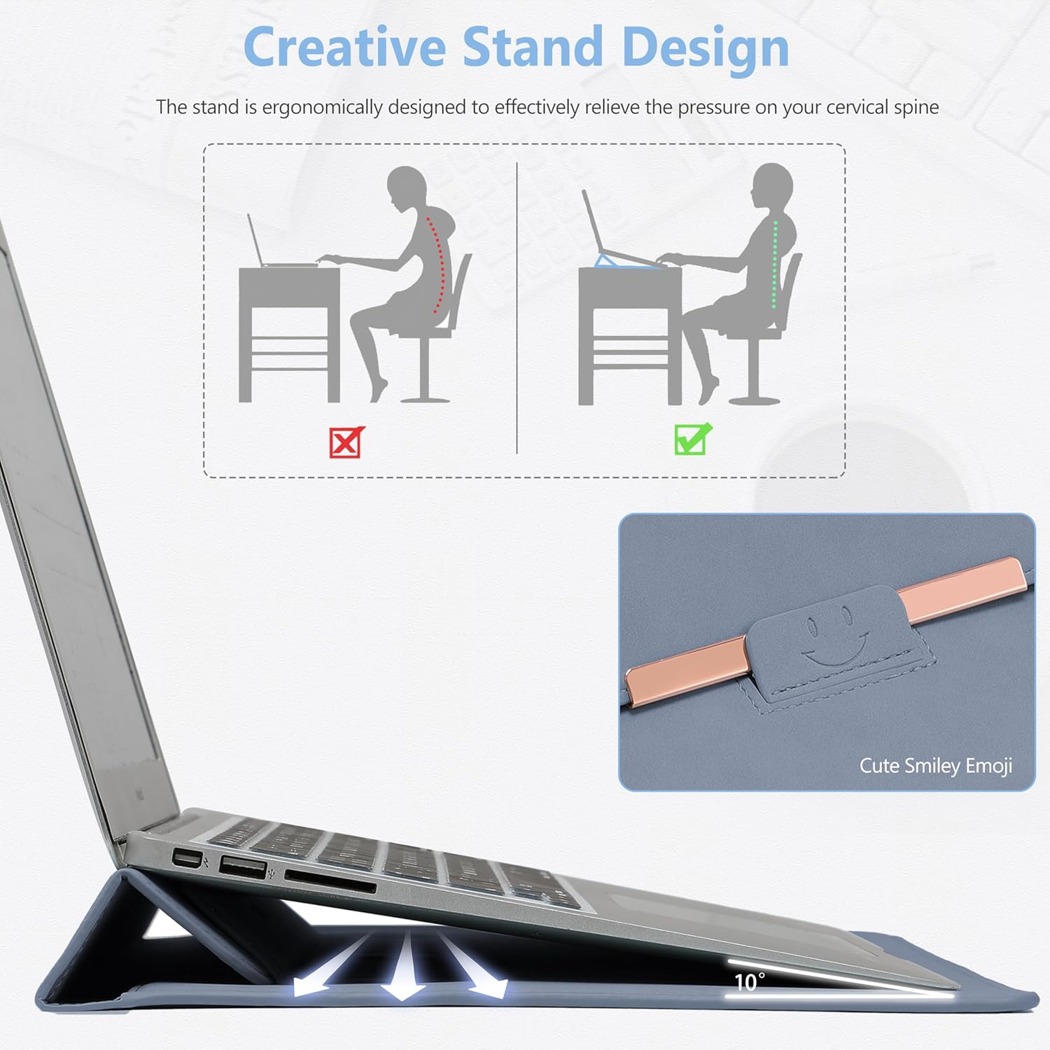 HYZUO 15-16 Inch Laptop Sleeve Case with Stand for Macbook Pro 16 M4/M3/M2/M1 Pro/Max 2025-2019, Macbook Pro 15 2015-2012, XPS 15, Samsung Galaxy Book Flex/Pro 15, Haze Blue(Smiley) image number 4
