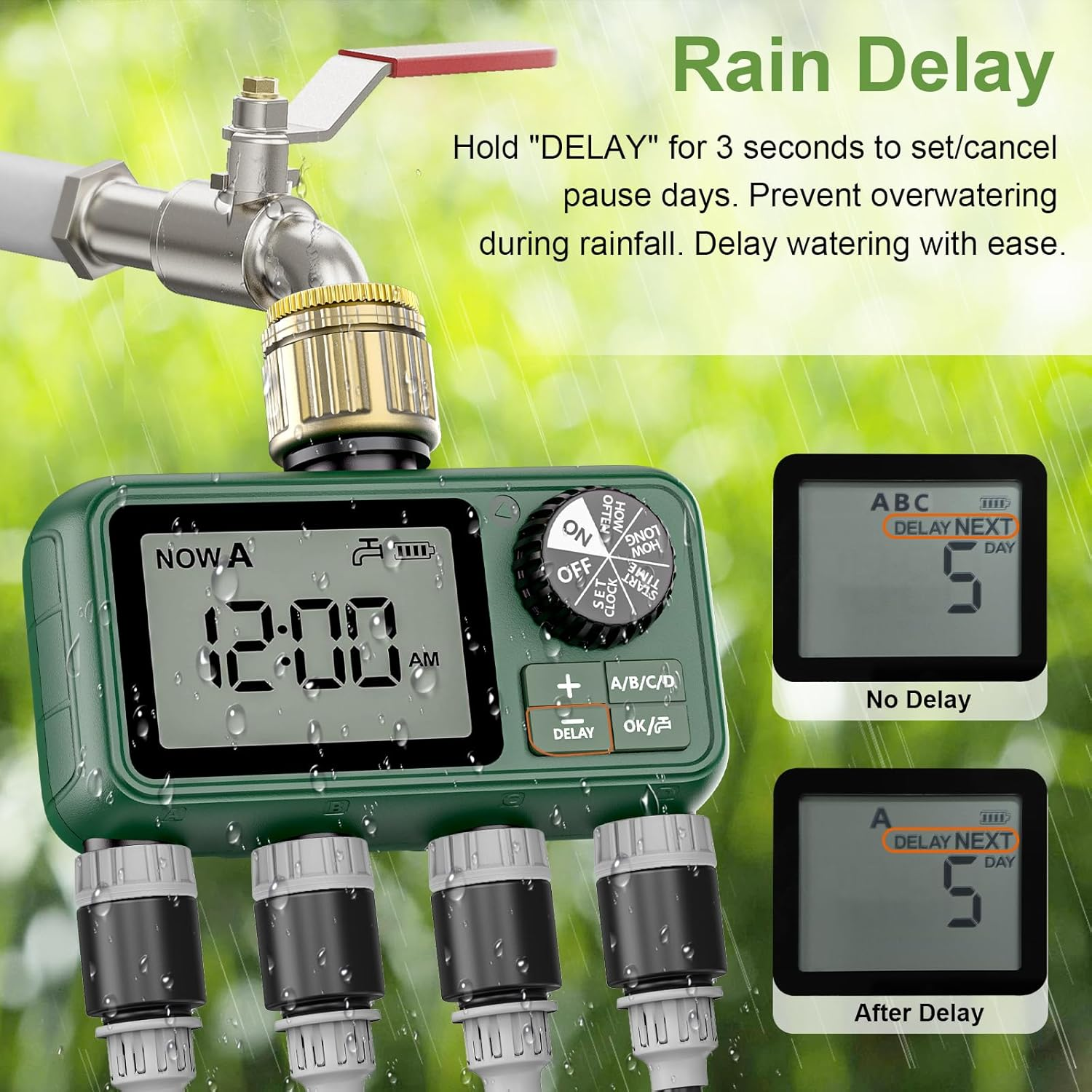 Sprinkler Timer Brass 4 Outlet, Programmable Water Timer for Garden Hose Faucet, Waterproof Gardening Supplies, Automatic Drip Irrigation System Outdoor with Sprinklers for Yard, Lawn, Greenhouse image number 4