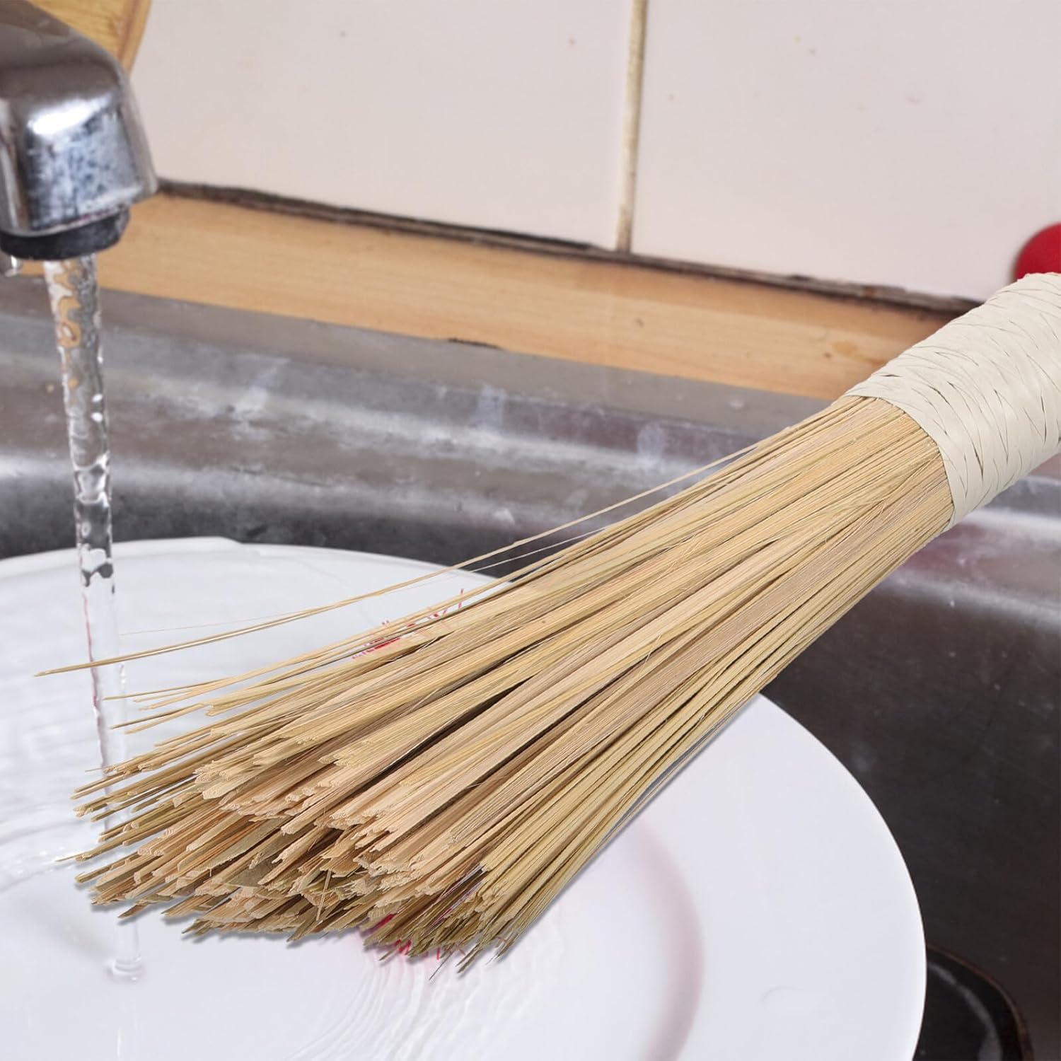 WEKADRIN 2Pcs Bamboo Wok Brush Cleaning Scrubbers with Comfortable Non-Slip Handle for Heavy-Duty Kitchen Use Non-Stick Cookware and Dishes