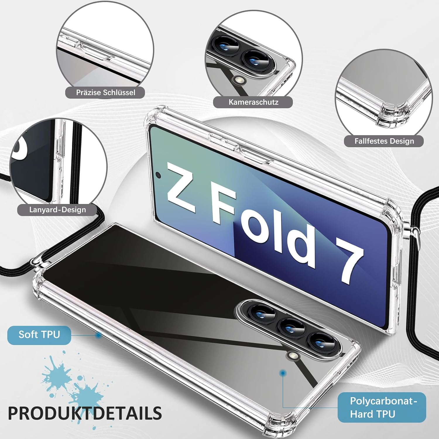 Mobile Phone Chain Case for Samsung Galaxy Z Fold 7, Case with Strap, Transparent Necklace Mobile Phone Case Z Fold 7 with Chain Cord Shoulder Ultra Thin Transparent Protective Case for Samsung Z Fold - Black image number 4