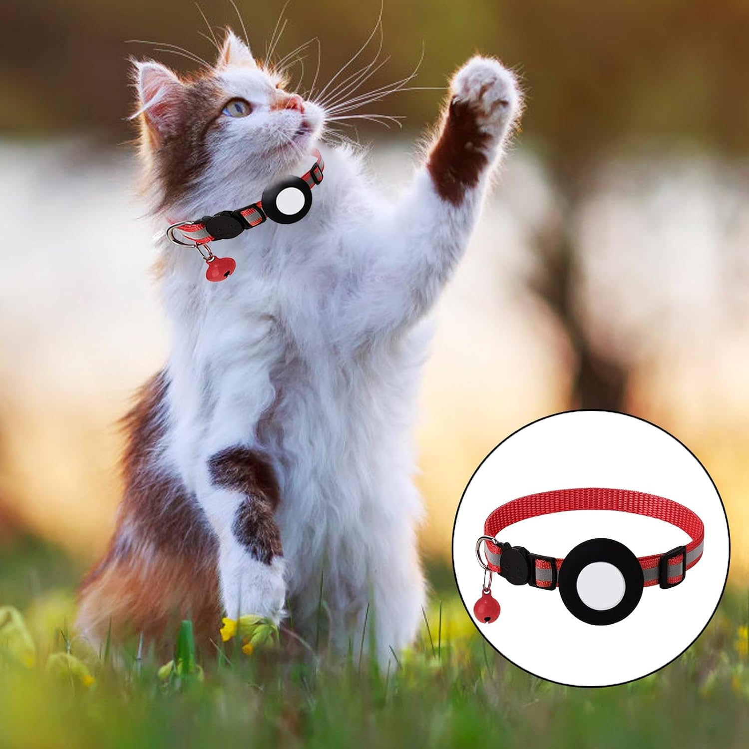 Cat Collar with Holder and Bell, Reflective, Compatible with Cat Tracker, Cat Collar with Safety Buckle, Adjustable Size, Nylon Strap, Comfortable GPS Not Included (Set B) image number 4