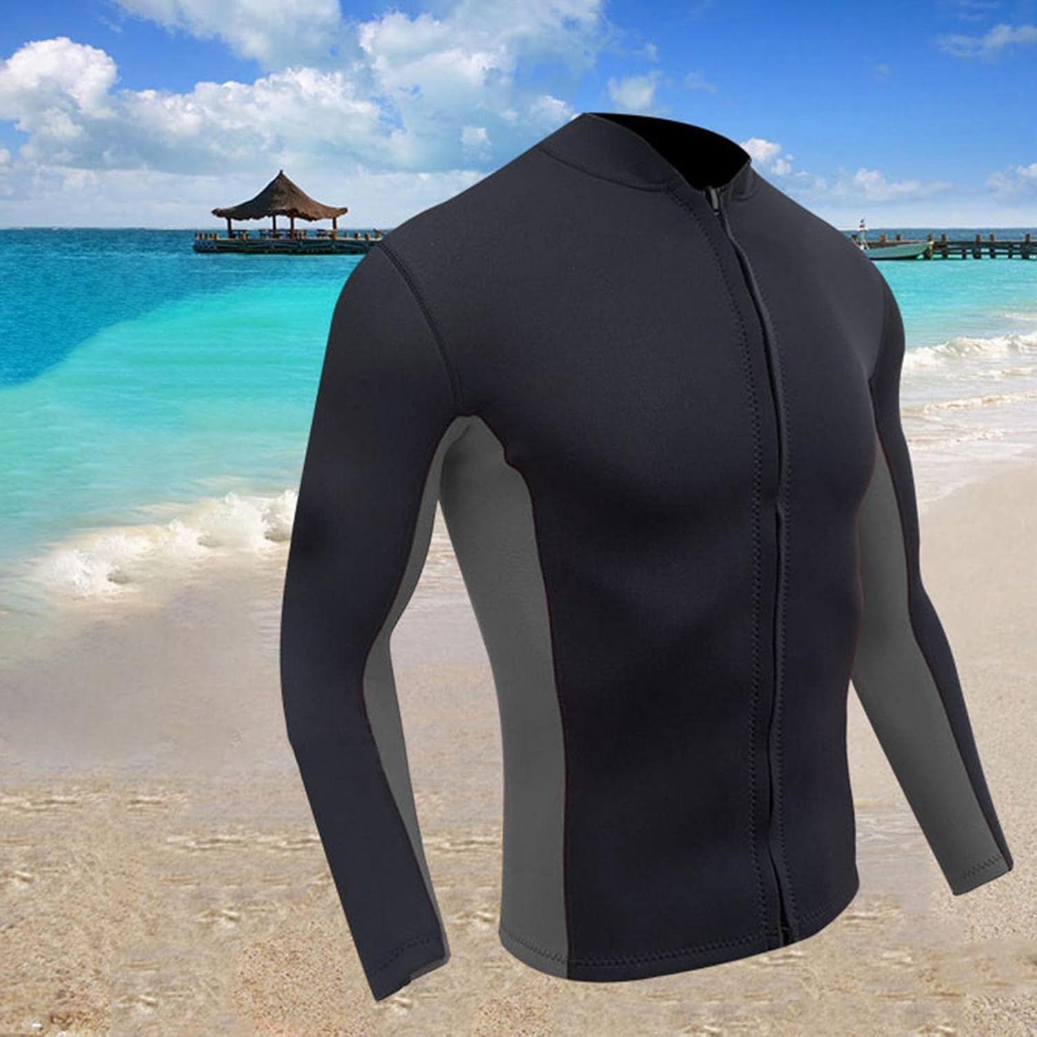 Men Wetsuits Tops 2Mm Neoprene Long Sleeve Surfing Swimming Front Zip Jacket Keep Warm for Water Sports