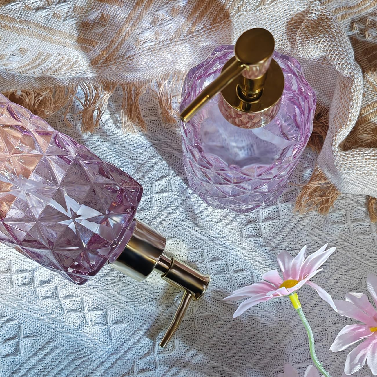 Pink Glass Hand Soap Dispenser with Gold Plastic Pump, Liquid Lotion Dispenser for Bathroom, Dish Dispenser Bottle for Kitchen Sink image number 7