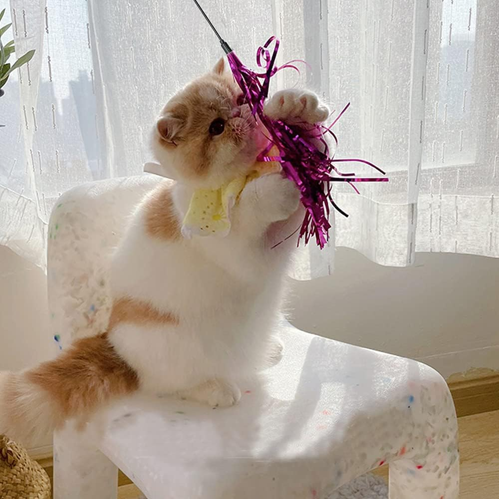 IUHKBH Cat Toy Wand 6 PCS Interactive Cat Teaser Wand with Sound Paper Tassels and Bell for Cat and Kitten image number 4