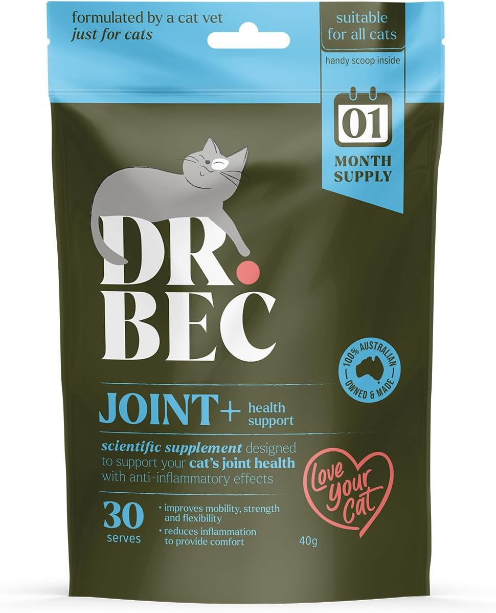 Dr. Bec Joint+ Cat Joint Supplement for Mobility & Comfort, Vet-Made Green Lipped Mussel Omega-3 & Collagen Blend, Australian Made