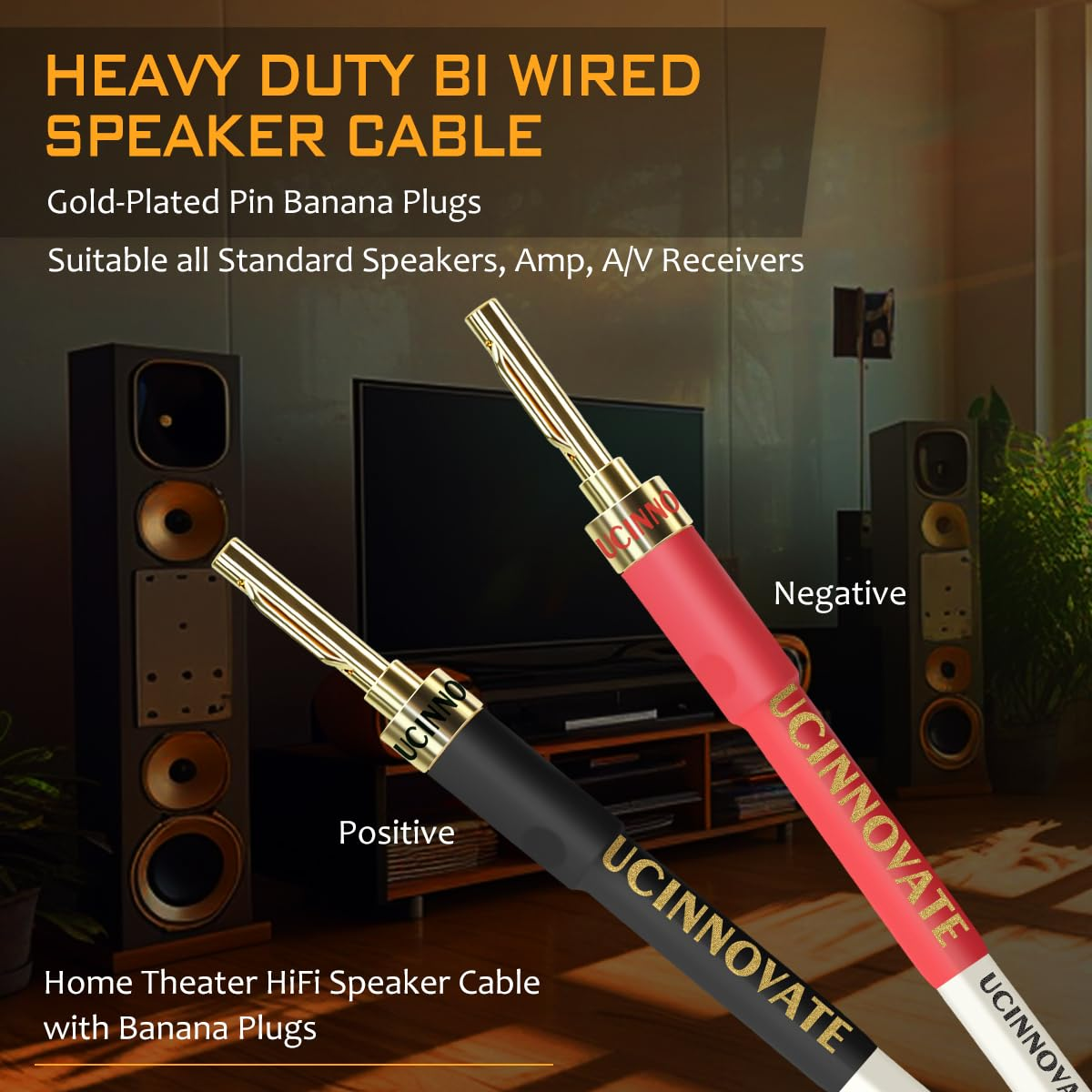 2 Pack 14 AWG OFC Speaker Cable with Pin Banana Plugs, Craft-Made Hifi 1.5M/4.9Ft White Square Speaker Wire with Gold-Plated Banana Plugs, Speaker Cable for Hi-Fi & Home Audio System, Amp, Subwoofer image number 4