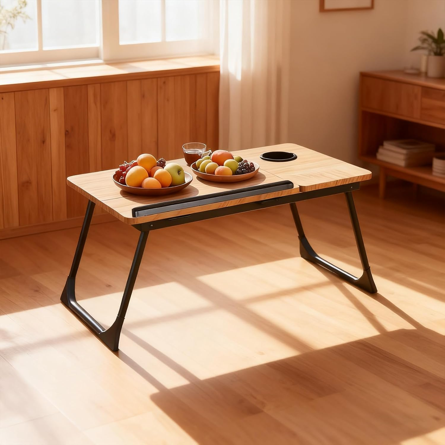 Adjustable Laptop Desk for Bed, 5-Angle Portable Lapdesk with Non-Slip Bar & Feet, Lightweight Lap Tray Table for Working/Eating/Reading, Includes Cup Holder (Natural Wood) image number 4