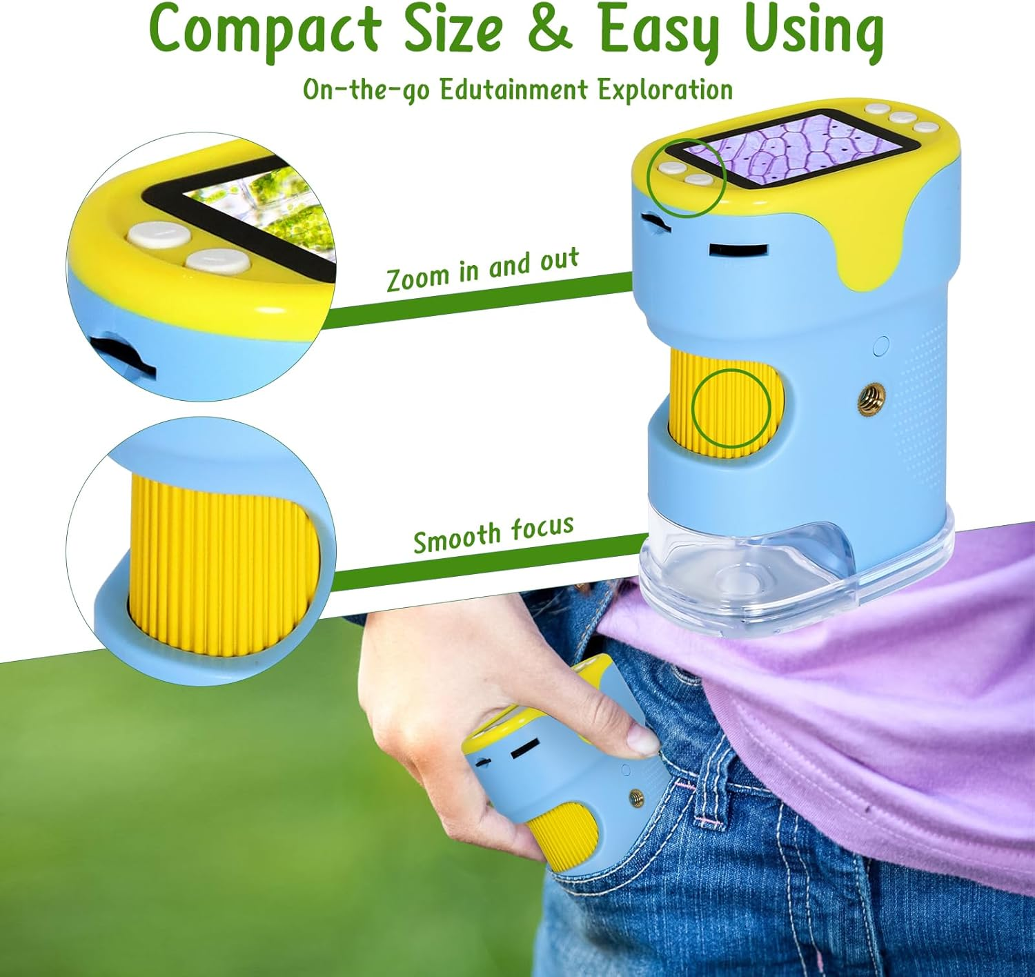 Handheld Digital Microscope for Kids with 2'' HD Screen, 200~1000X Pocket Microscope, Starter Kit with 6 Random Specimen Slides and 32G SD Card Included, Educational Children Age 6+(Blue) image number 2