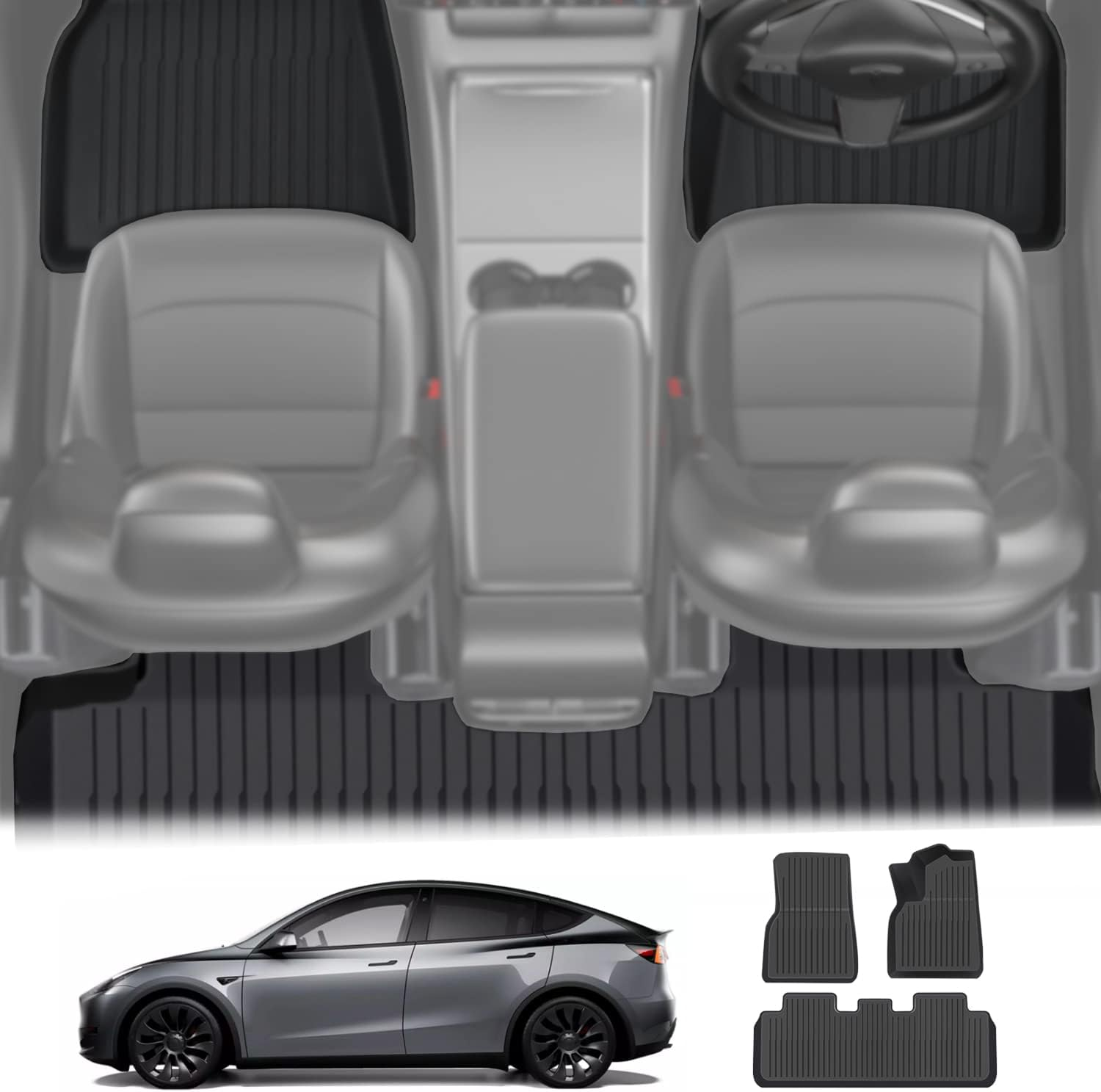 Yotsuba for Tesla Model Y Floor Mats, 3PCS 3D TPE All-Weather Waterproof Floor Liner Suit for Tesla Model Y 2017-2024 image number 4