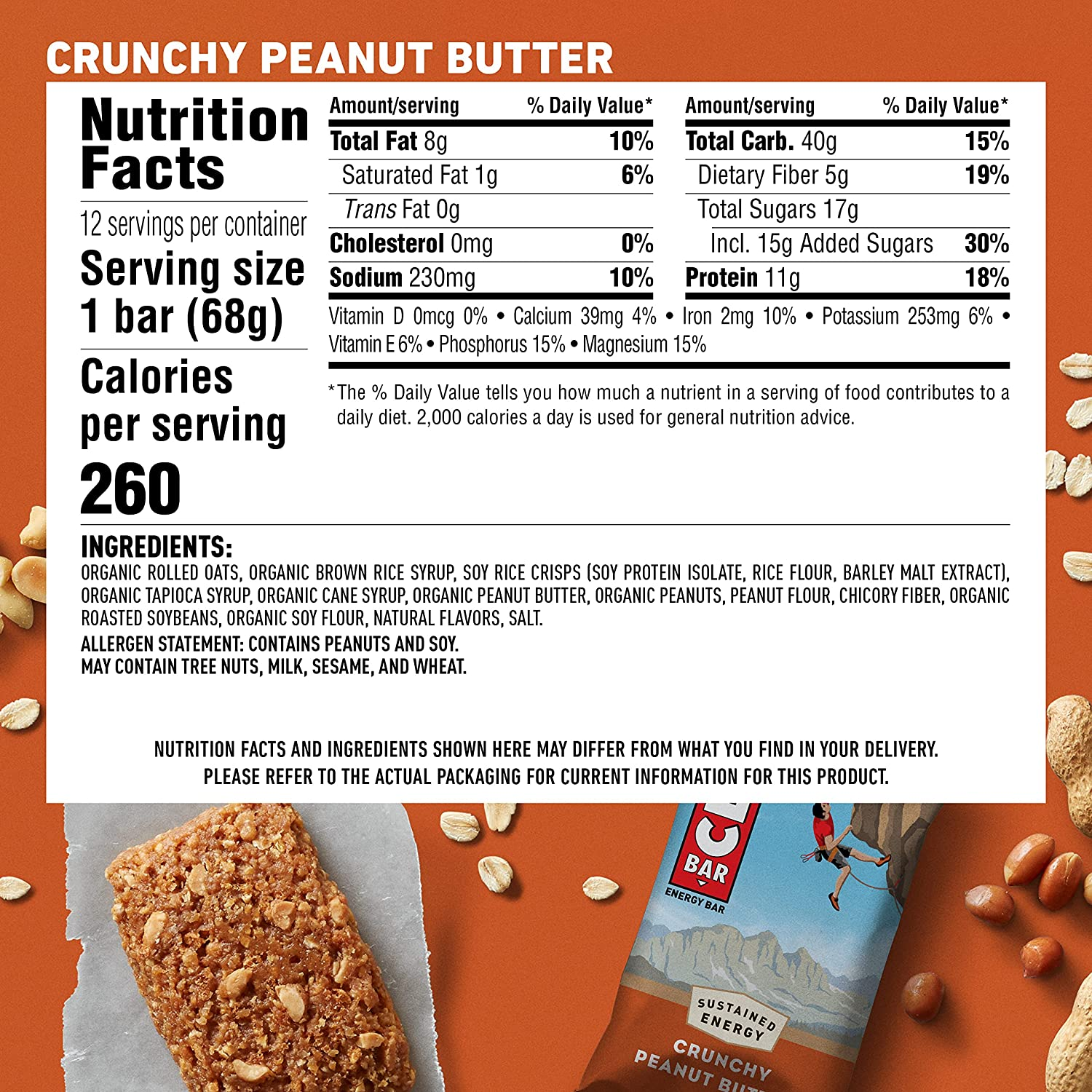 CLIF BAR - Crunchy Peanut Butter - Made with Organic Oats - Non-Gmo - Plant Based - Energy Bars - 68G. (12 Pack) image number 3