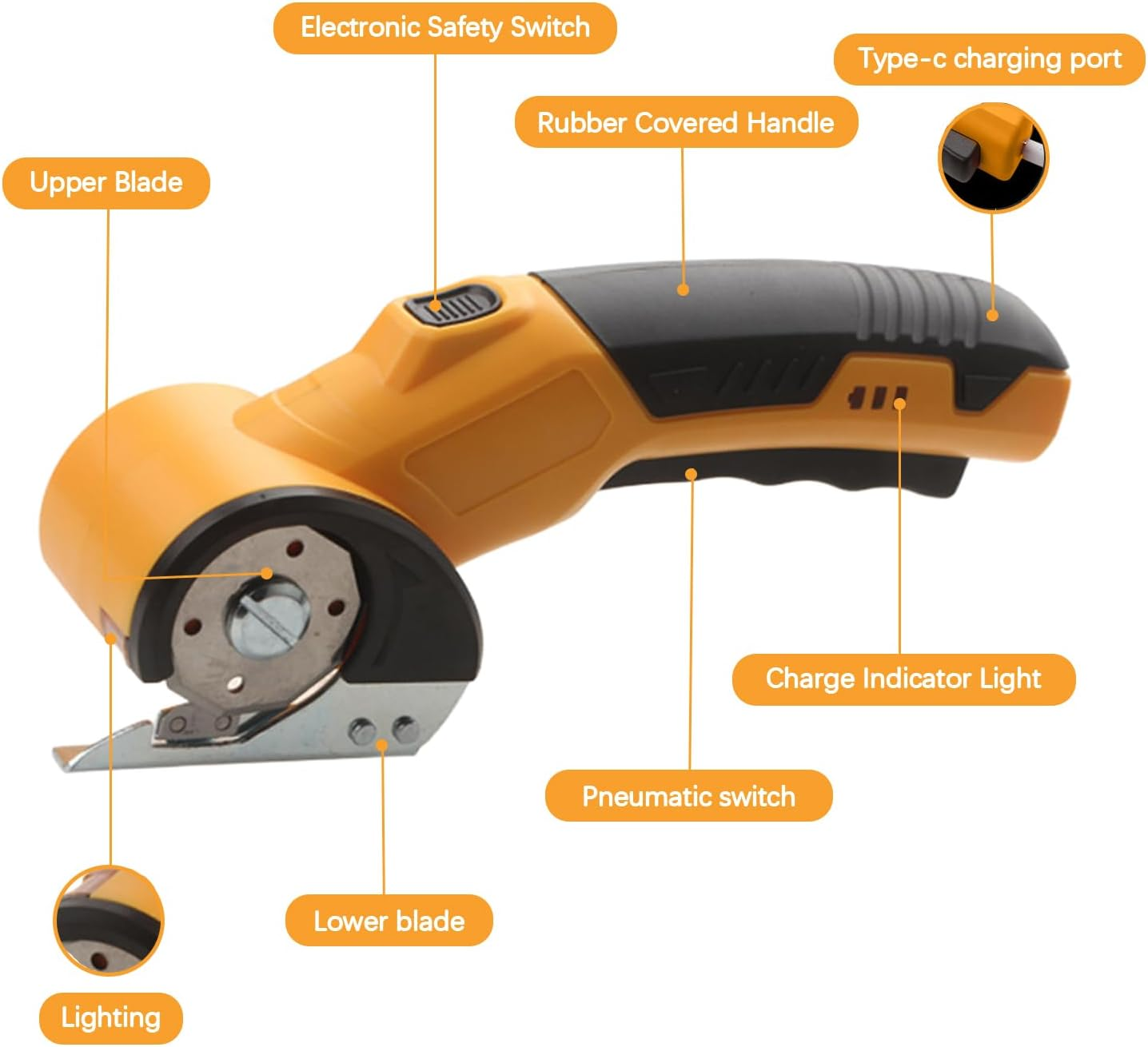 Migazelle Electric Scissors, Cordless Rotary Box Cutter for Cardboard, Fabric, Leather, Plastic & Carpet, USB Rechargeable, Safety Lock, LED Light, Ergonomic Design for Easy Cutting (Yellow) image number 4