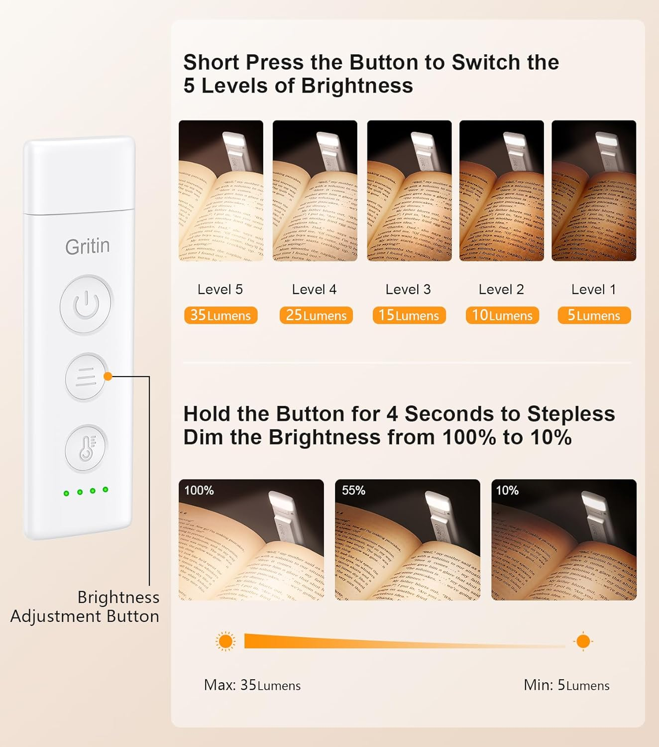 Gritin Book Light Rechargeable, Reading Light Lamp Clip on Books, 3 Eye-Protecting Modes (Mixed/White/Amber), 5 Brightness & Stepless Dimming, Long Battery Life, Flexible Reading Lamp for Readers