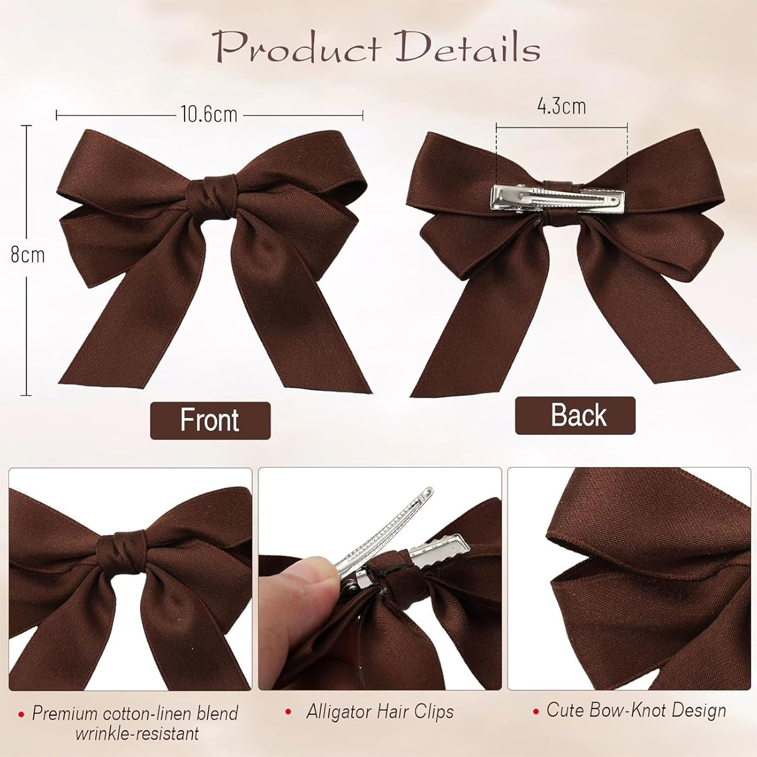 Muorruo 6 Pieces Small Hair Bows, Soft Satin Bow Clips for Women Girls Teens, Non-Slip Clips for Curly Straight Hair, Accessory for Party Wedding Gift (Brown) image number 1