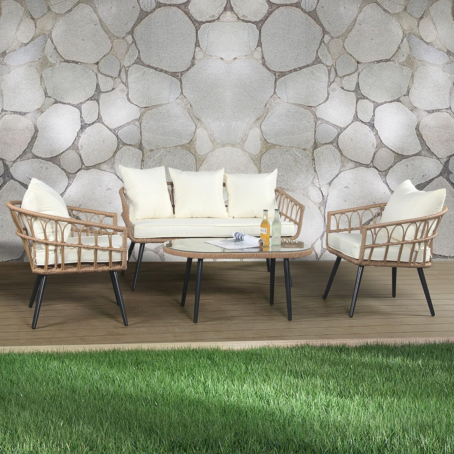 Levede 4PCS Outdoor Furniture Setting Patio Garden Table Chair Set Wicker Lounge, Balcony PE Rattan Conversation Sets with Back Seat Cushion Tempered Glass for Backyard, Poolside image number 2