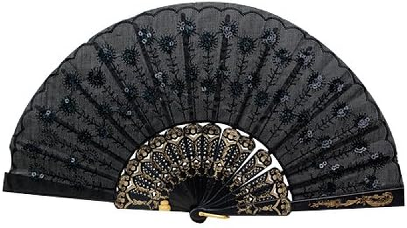 Accessotech Spanish Lace Silk Folding Hand Held Dance Fan Flower Pattern for Party Wedding (Black)