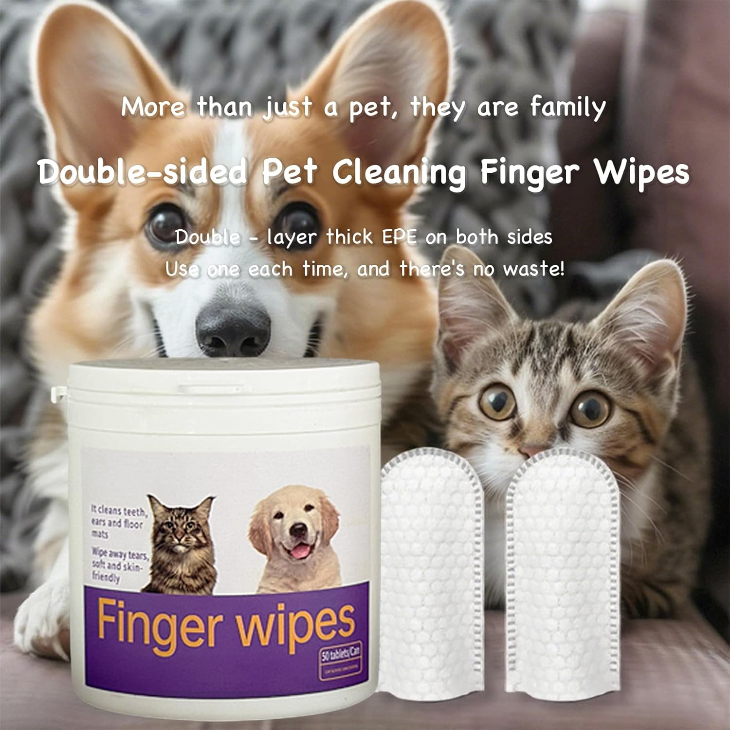 Dog Cat Multi-Purpose Cleaning Finger Wipes - Gentle Ear, Teeth & Daily Care with Natural Aloe & Cornflower, Safe Alcohol-Free Pet Hygiene Formula, Easy-To-Use Disposable Wipes 50Ct image number 6