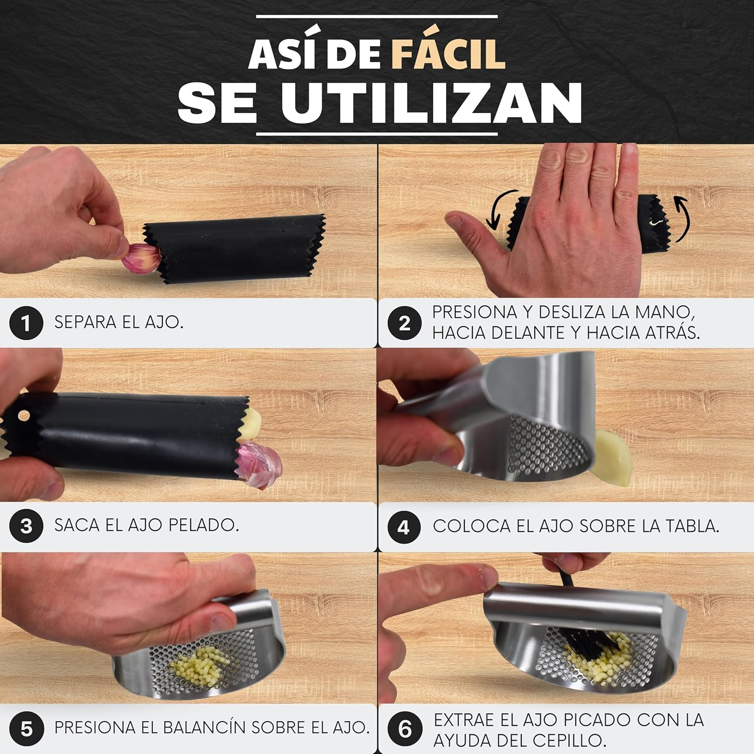 Garlic Press Stainless Steel Garlic Mincer Gifts: Silicone Garlic Peeler, Finger Cut Protector and Cleaning Brush image number 1