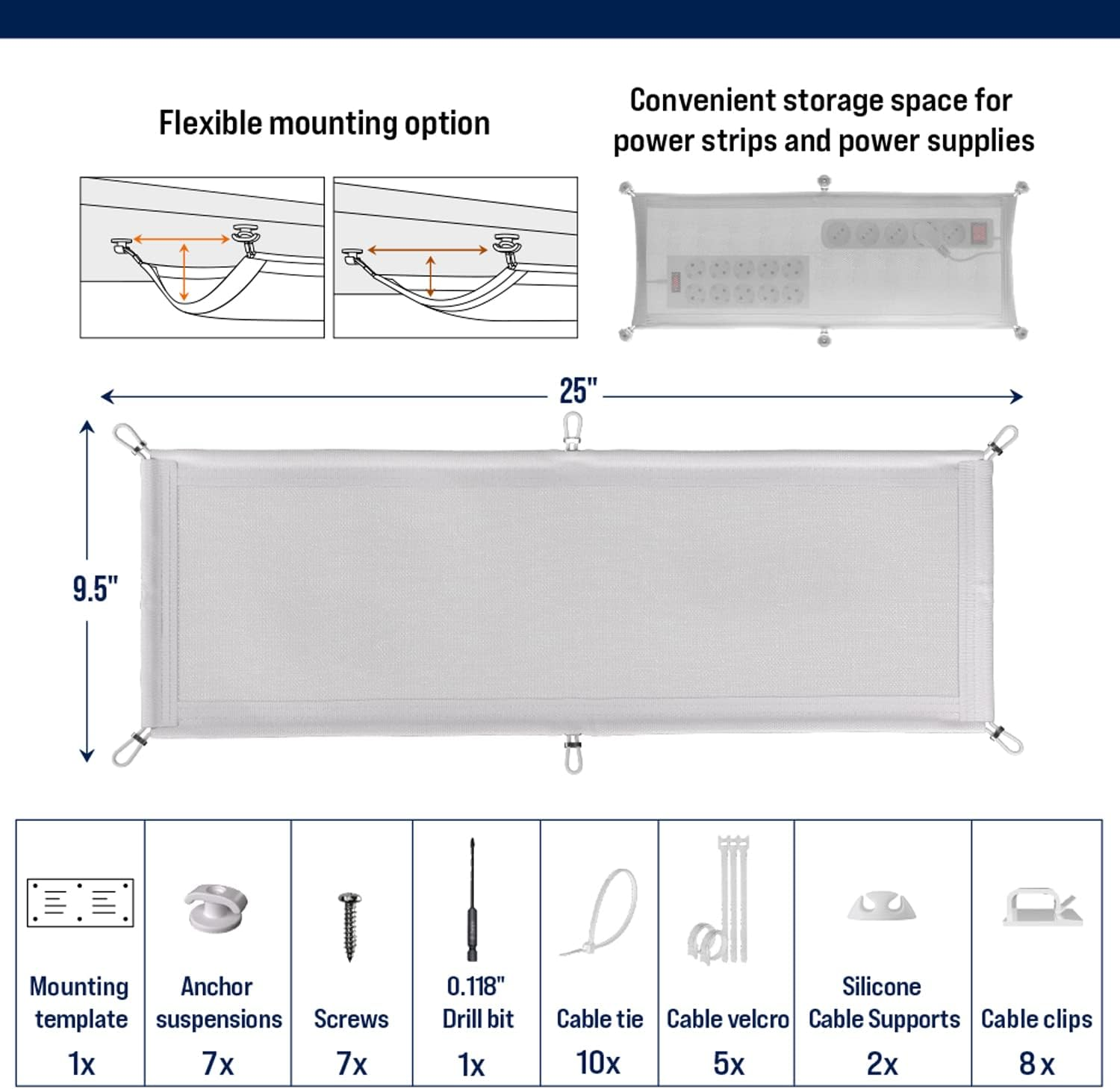 Cable Management Net - under Desk Wire Management - Flexible under Desk Cable Management Tray White image number 1