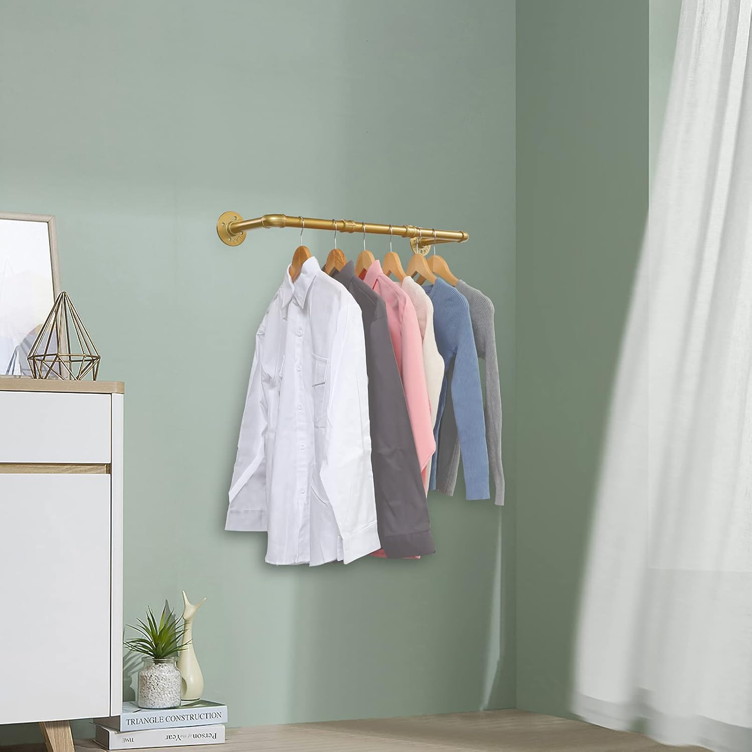 Industrial Gold Pipe Clothing Rack, Wall Ceiling Mounted Clothes Garment Rack 30'', Iron Golden Pipe Clothes Hanging Bar, Heavy Duty Metal Rod for Retail Display Closet Storage image number 6