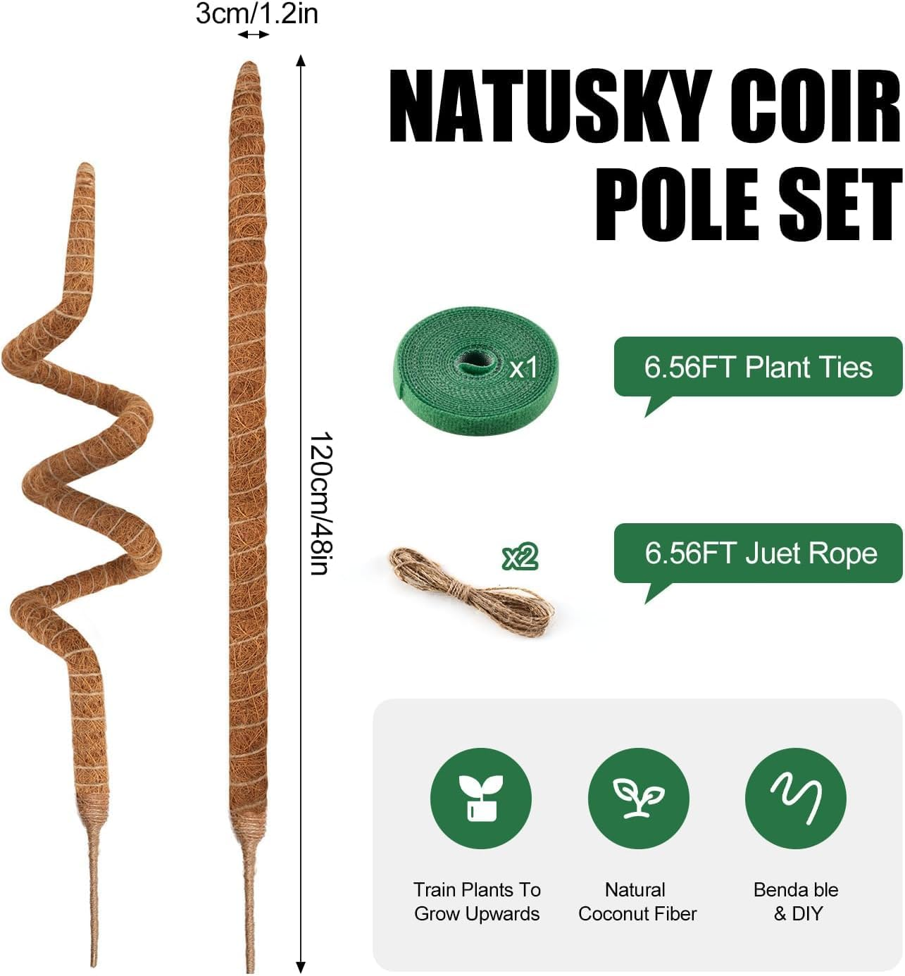 2 Pack Moss Pole, 48 Inch/120Cm Bendable Moss Pole for Plants Monstera, Moss Poles for Climbing Plants, Handmade Coco Coir Pole Plant Sticks Support Plant Stakes for Indoor Plants to Grow Upwards image number 5