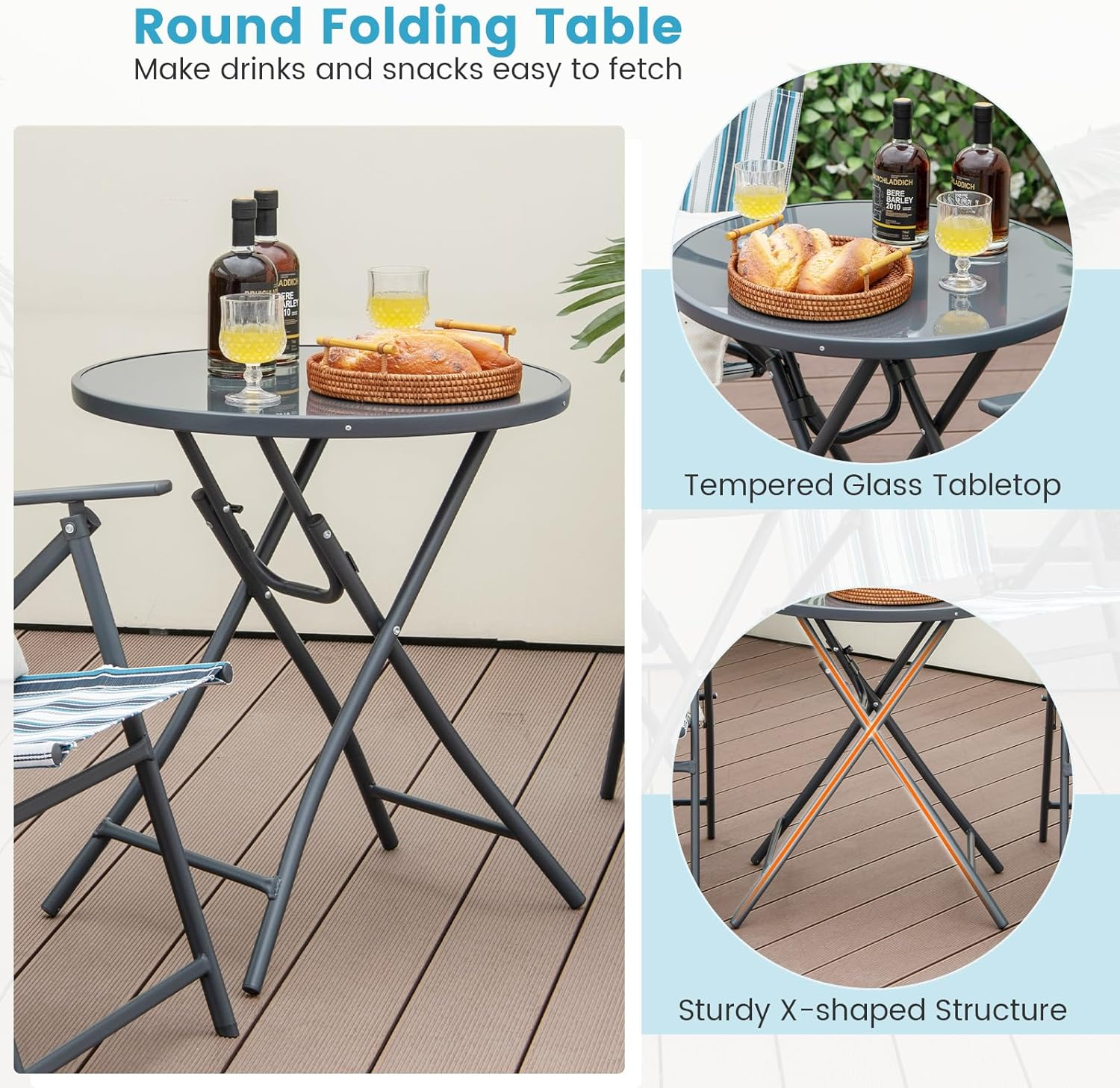 Costway 3 Piece Outdoor Folding Bistro Set, 2 Folding Chairs W/Folding Table, Heavy-Duty Metal Frame, Outdoor Dining Chair Set, Portable Folding Chair Set for Backyard, Poolside, Balcony image number 4