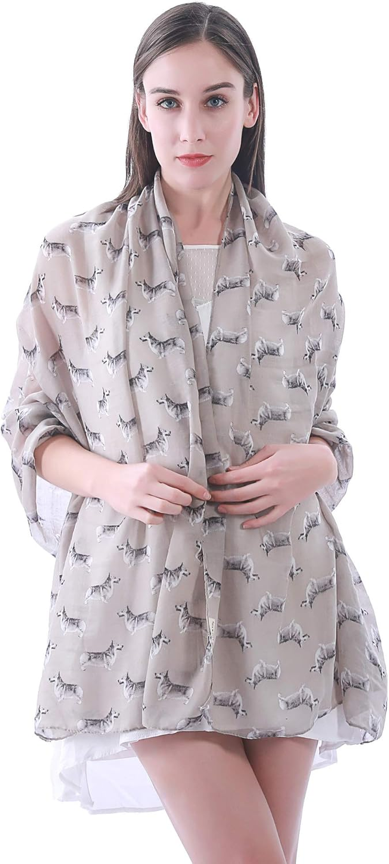 Lina & Lily Pembroke Welsh Corgi Dog Print Women'S Scarf Shawl Wrap Lightweight - Khaki image number 4