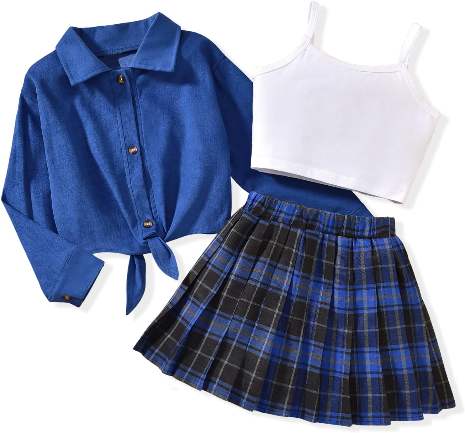 Girls 3 Piece Skirt Set Cami Crop Tops Pleated Skirt with Button Shirts Size 6-12