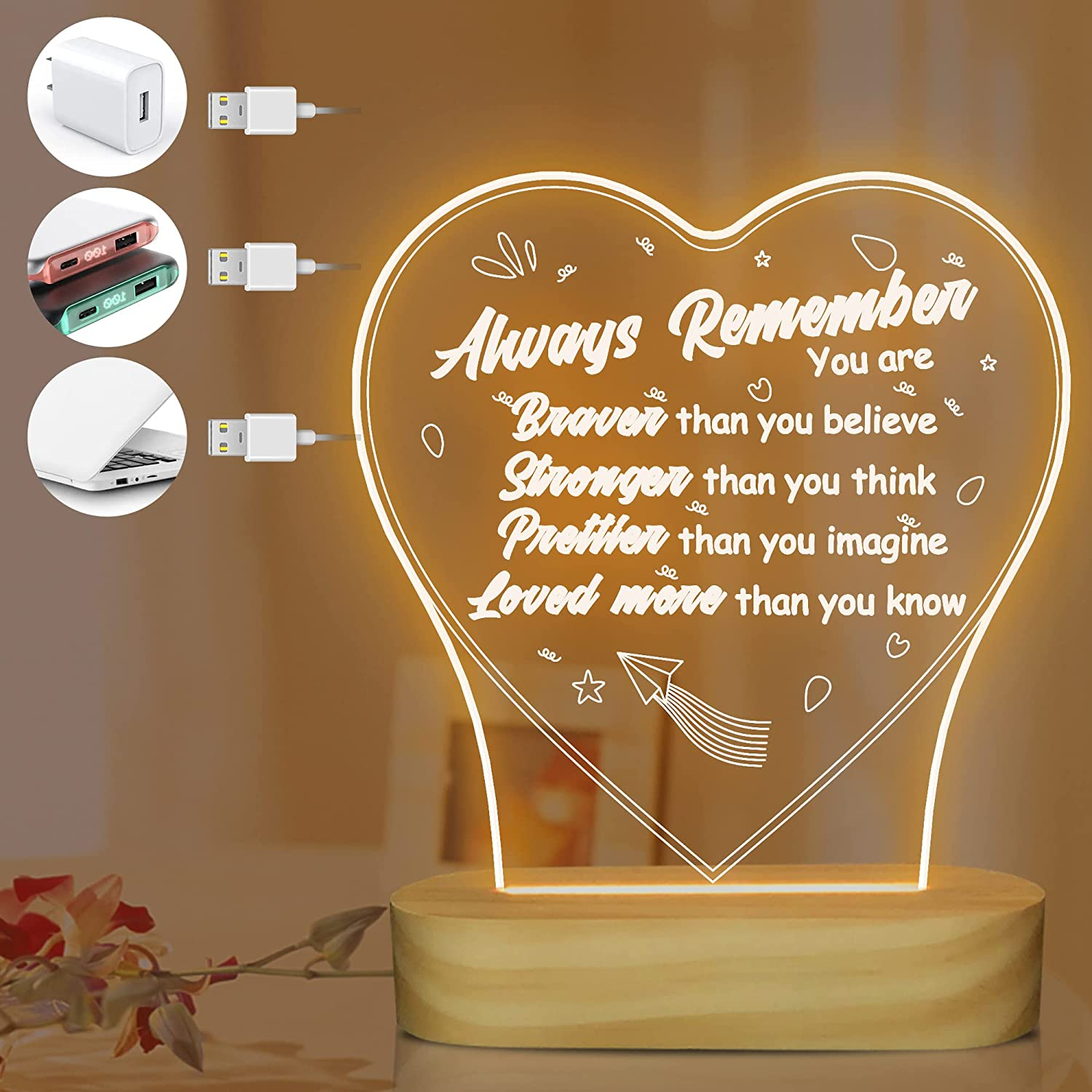 FULLOSUN Sister Present, Friendship Night Light Women Thank You Present, Warm White Wooden Desk Lamp, Inspirational Rakhi Birthday for BFF Friend Teenage - Love To Moon Frame image number 6
