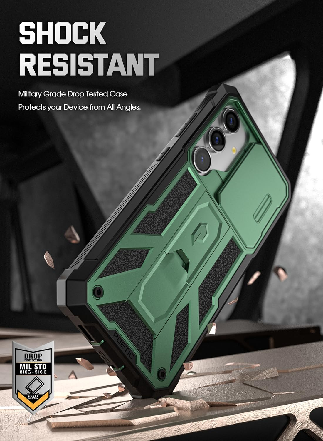 Poetic Spartan Case for Galaxy S24 6.2", [Slide Camera Cover] [Screen Protector Works with Fingerprint ID] Military Grade Rugged Shockproof S24 Phone Case with Kickstand, Metallic Green - Metallic Gun Metal image number 3
