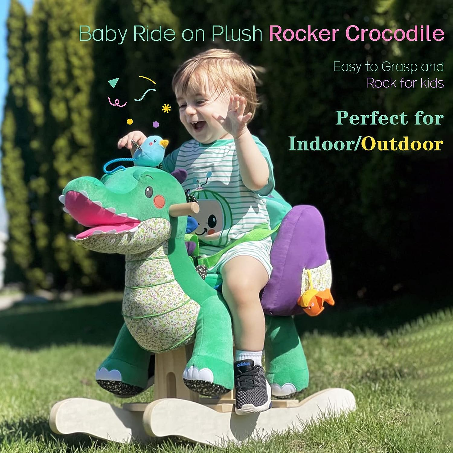 Labebe Child Rocking Horse Toy, Stuffed Animal Rocker, Green Crocodile Plush Rocker Toy for Kid 1-3 Years, Wooden Rocking Horse Chair/Child Rocking Toy/Outdoor Rocking Horse/Rocker/Animal Ride On