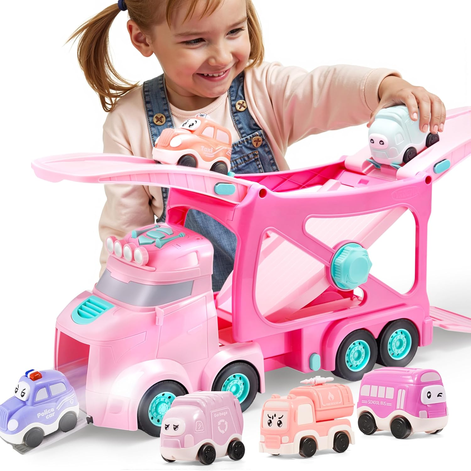 VROOMIX 3-Layer Extra Large Princess Pink Truck Toys for Girls, 7-In-1 Big Transport Vehicle Carrier Truck with Directional Tracks, Siren & Lights, 6 Cars, Chrismas Birthday Gifts for 3+ Years Old image number 1